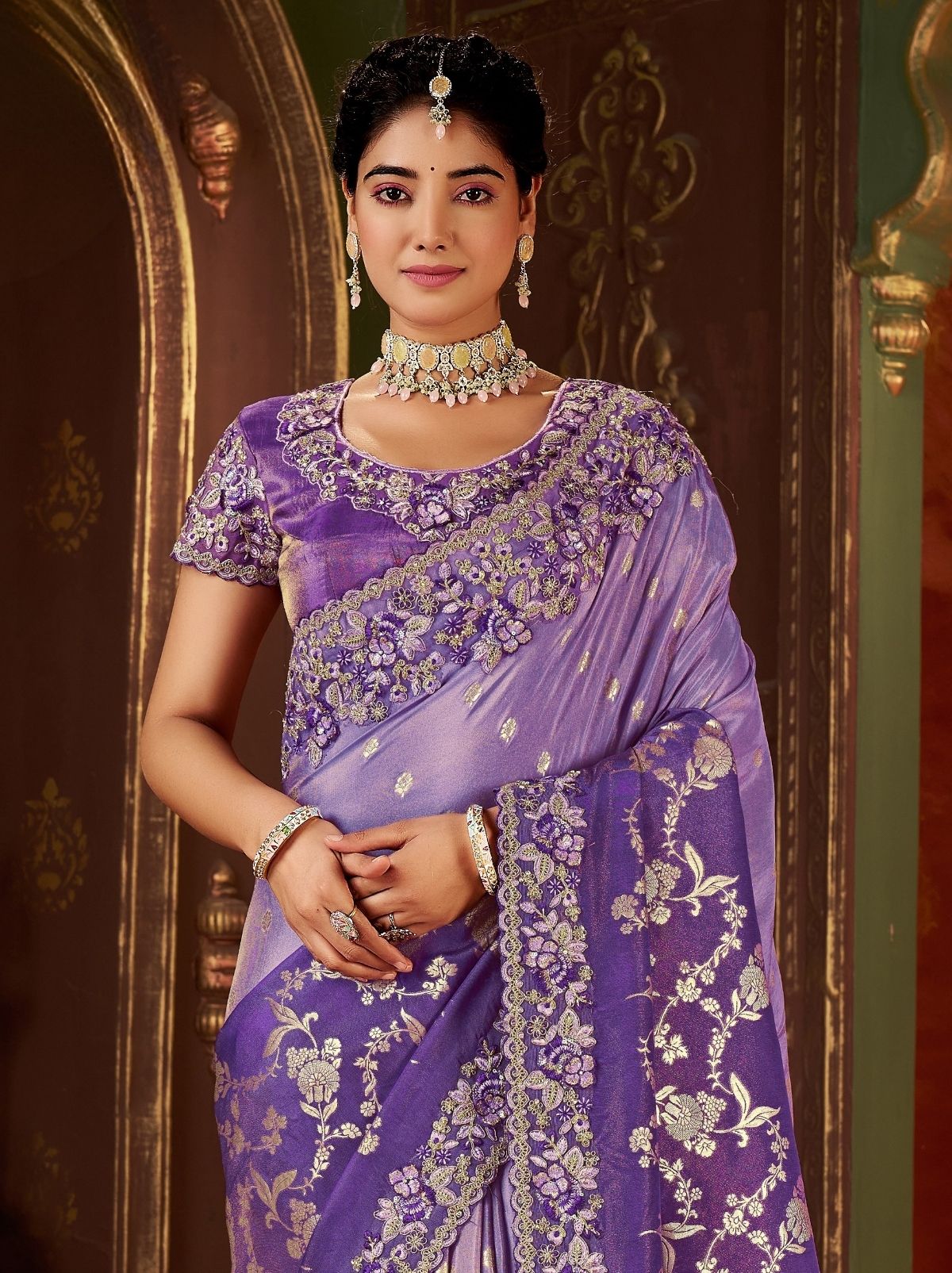 Amethyst Violet Designer Fancy Silk Bridal Saree With Blouse Piece