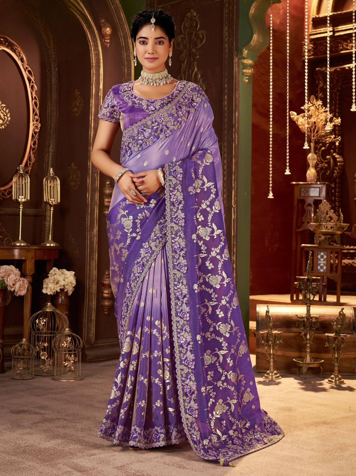 Amethyst Violet Designer Fancy Silk Bridal Saree With Blouse Piece