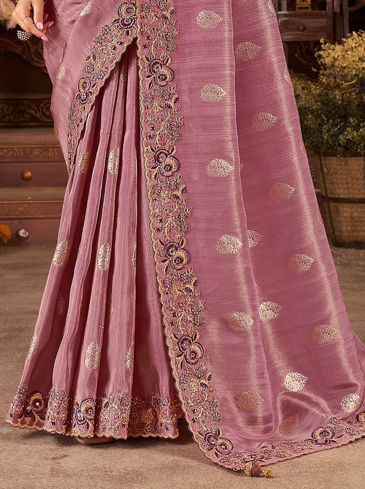 Mulberry Violet Designer Fancy Silk Bridal Saree With Blouse Piece