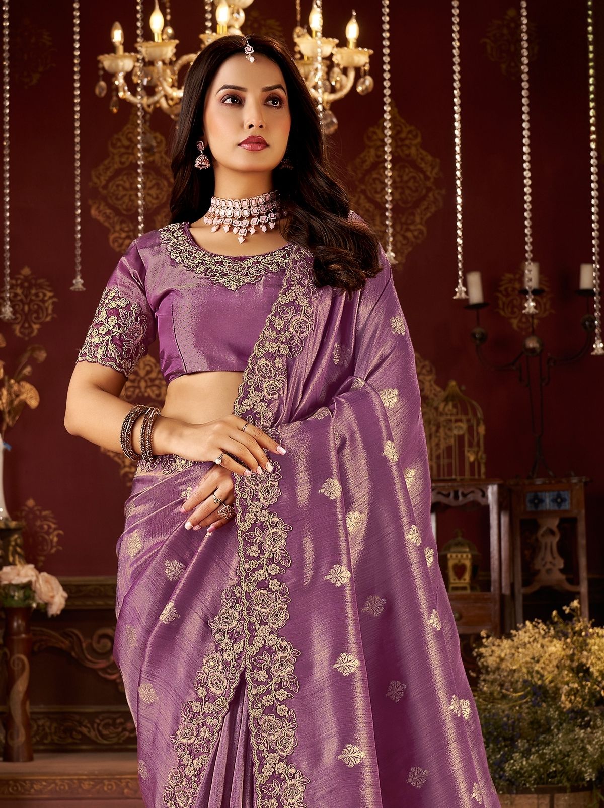 Plum Violet Designer Fancy Silk Bridal Saree With Blouse Piece
