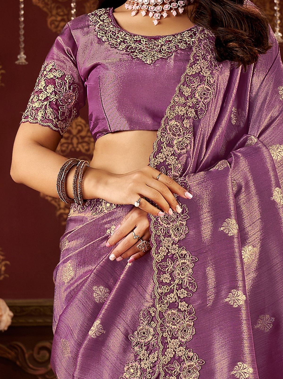 Plum Violet Designer Fancy Silk Bridal Saree With Blouse Piece