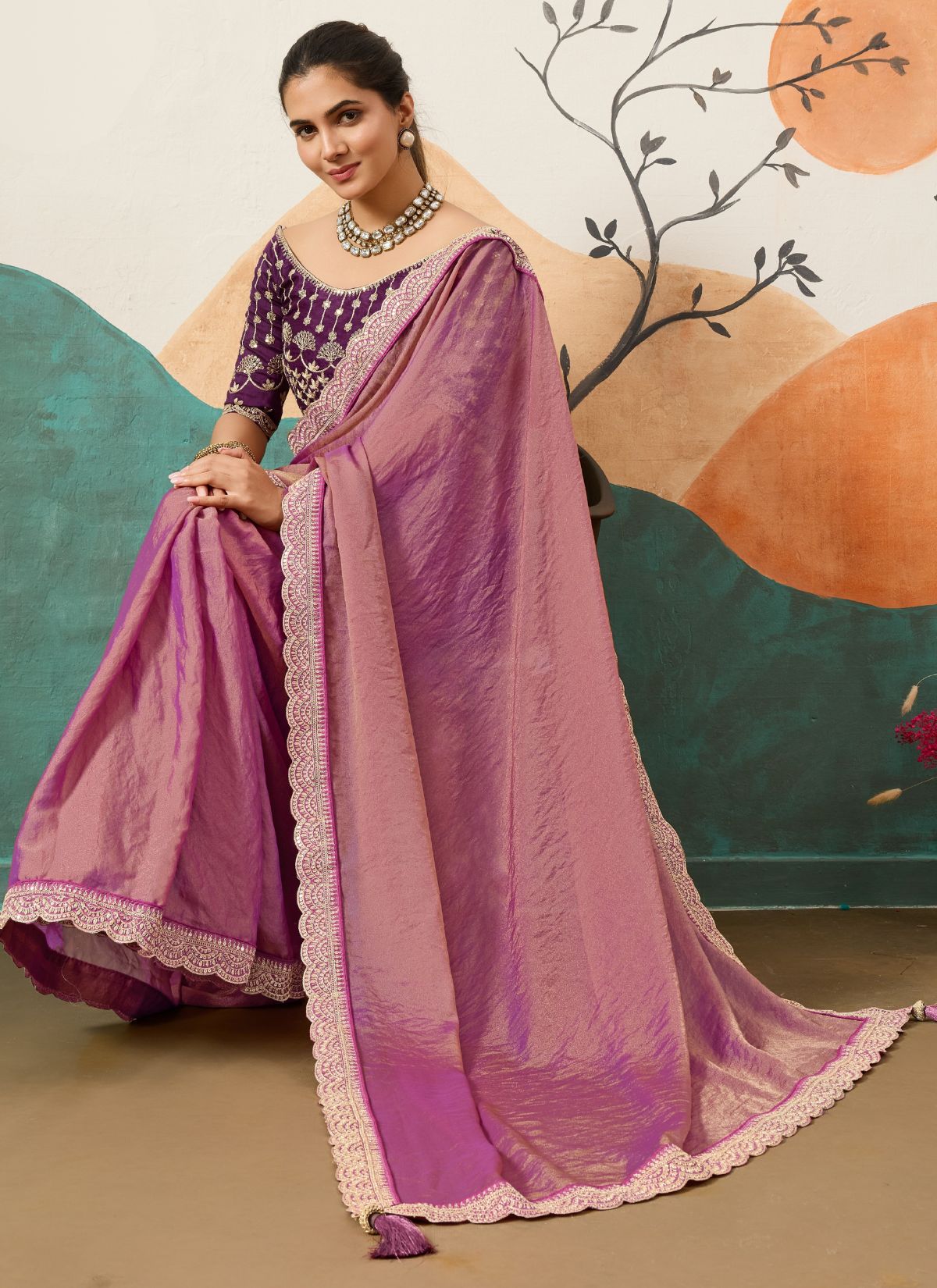 Fandango Purple Designer Festive saree With Zari Work - TrendOye