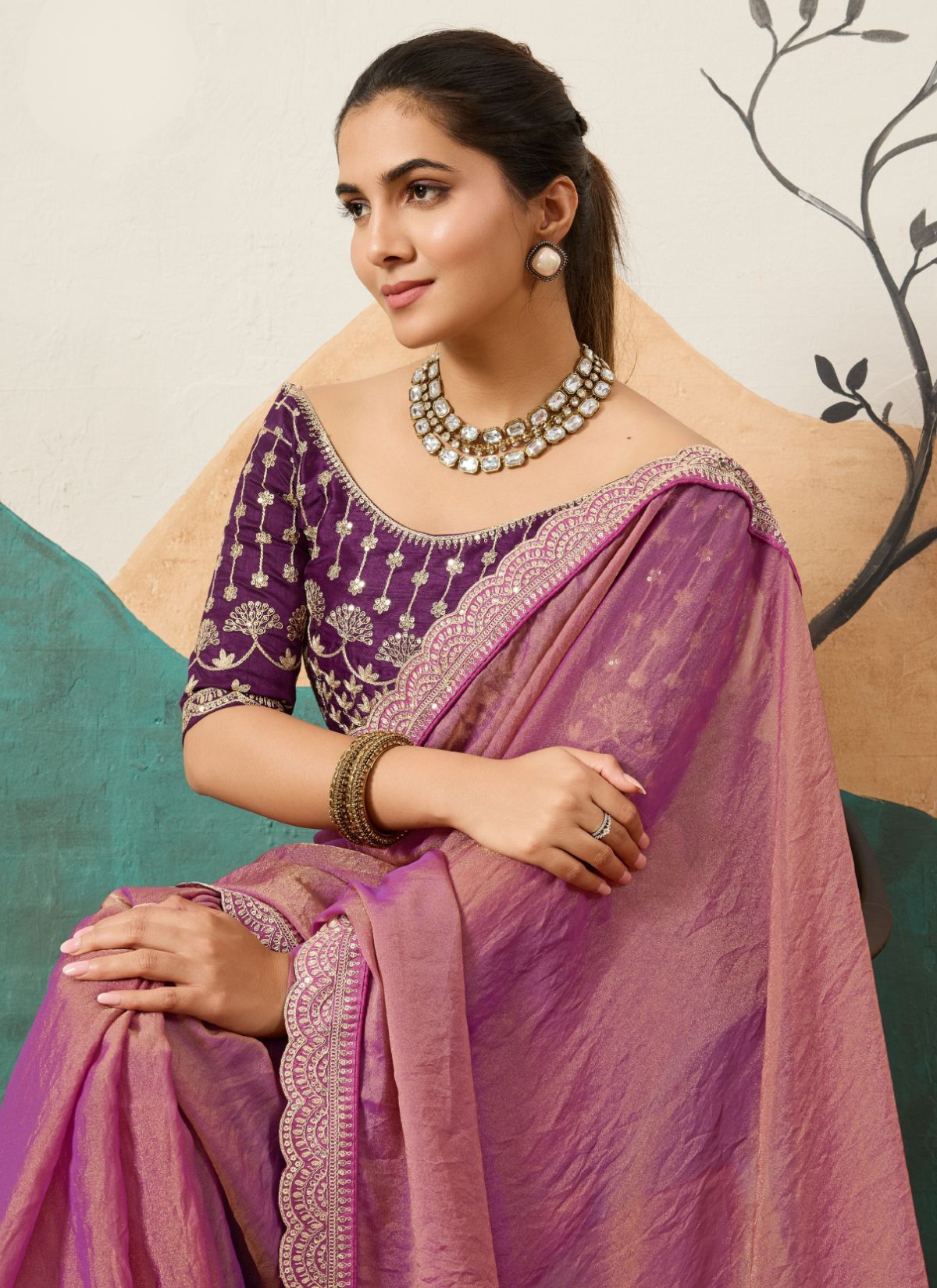 Fandango Purple Designer Festive saree With Zari Work - TrendOye