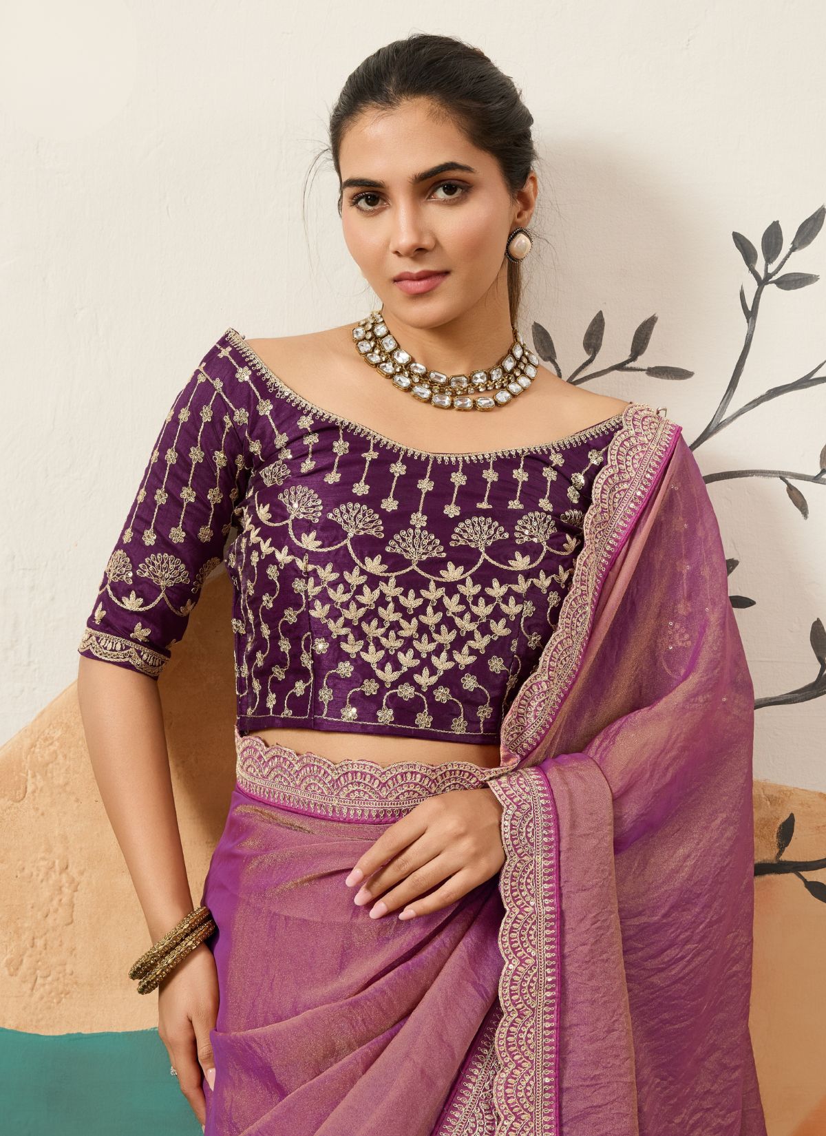 Fandango Purple Designer Festive saree With Zari Work - TrendOye