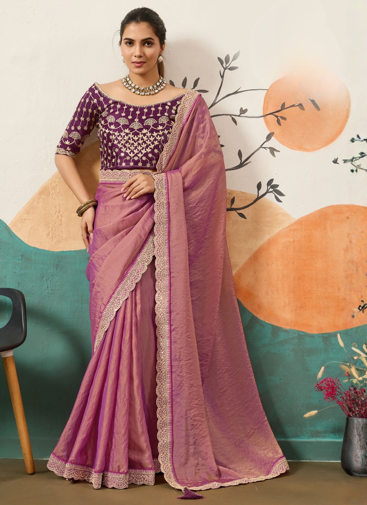 Fandango Purple Designer Festive saree With Zari Work - TrendOye