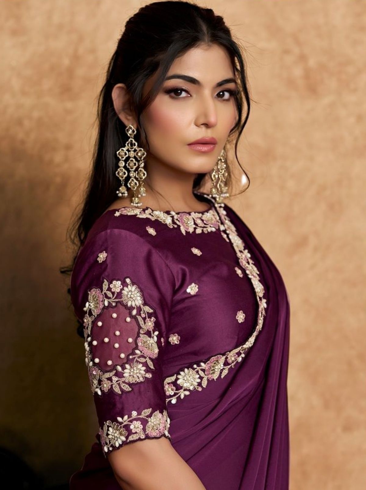 Eggplant Purple Designer Party Wear Saree With Blouse Piece