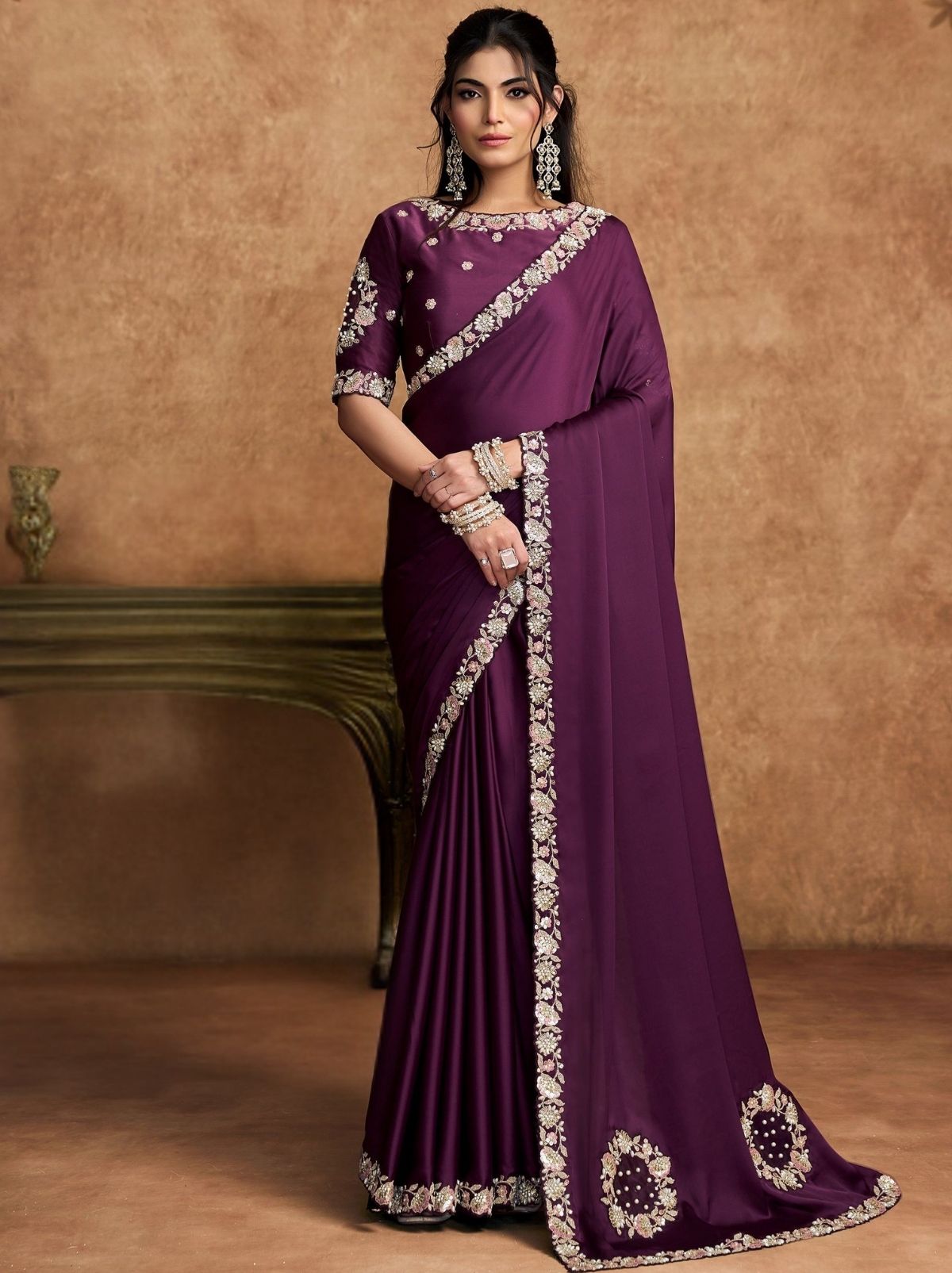 Eggplant Purple Designer Party Wear Saree With Blouse Piece