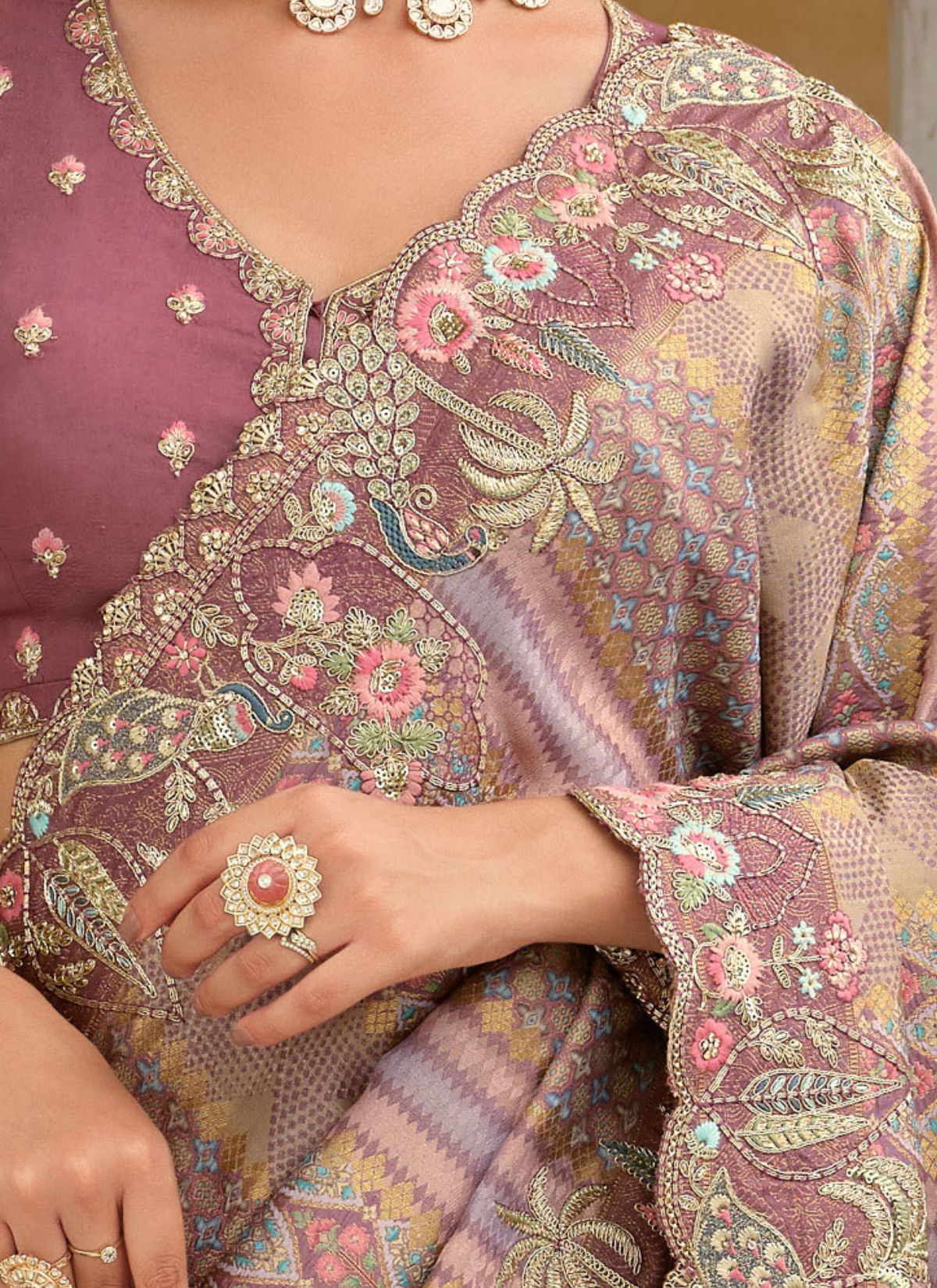 Pastel Purple Designer Premium Silk Saree With Hand-Embroidery - TrendOye