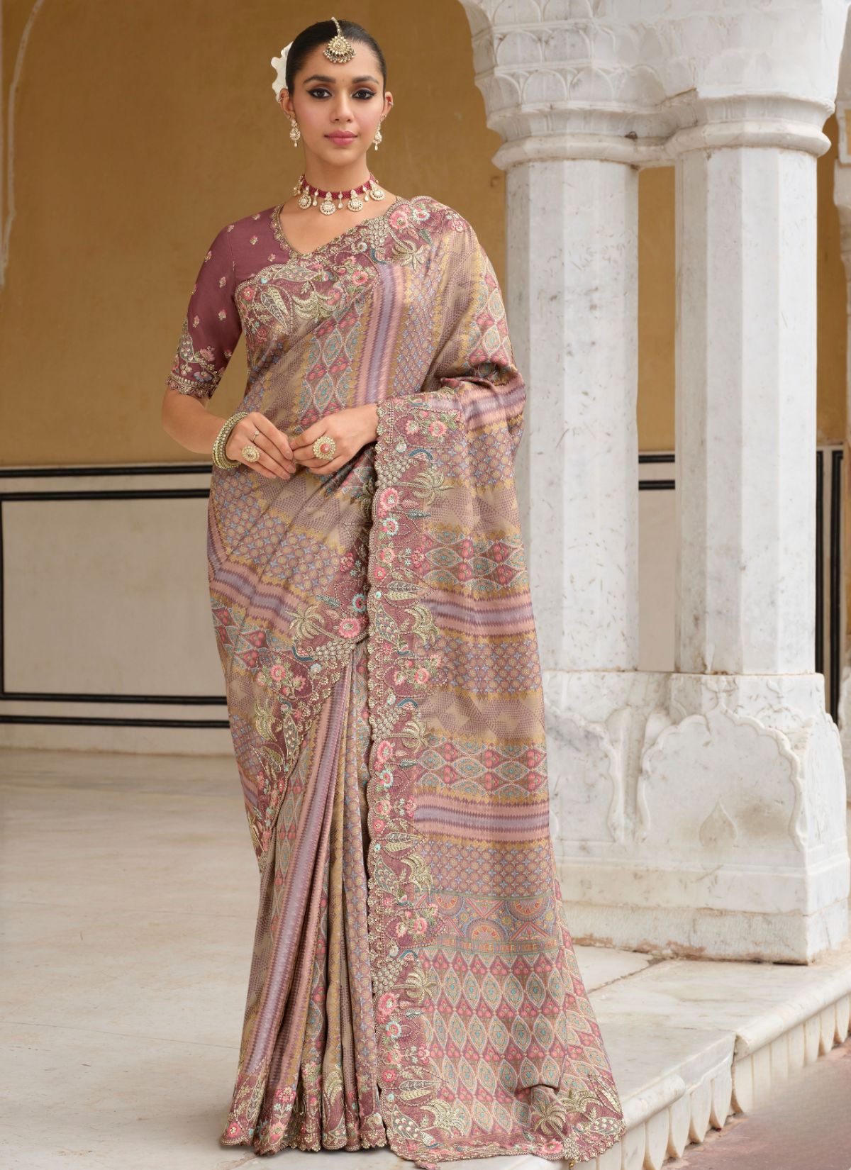Pastel Purple Designer Premium Silk Saree With Hand-Embroidery - TrendOye