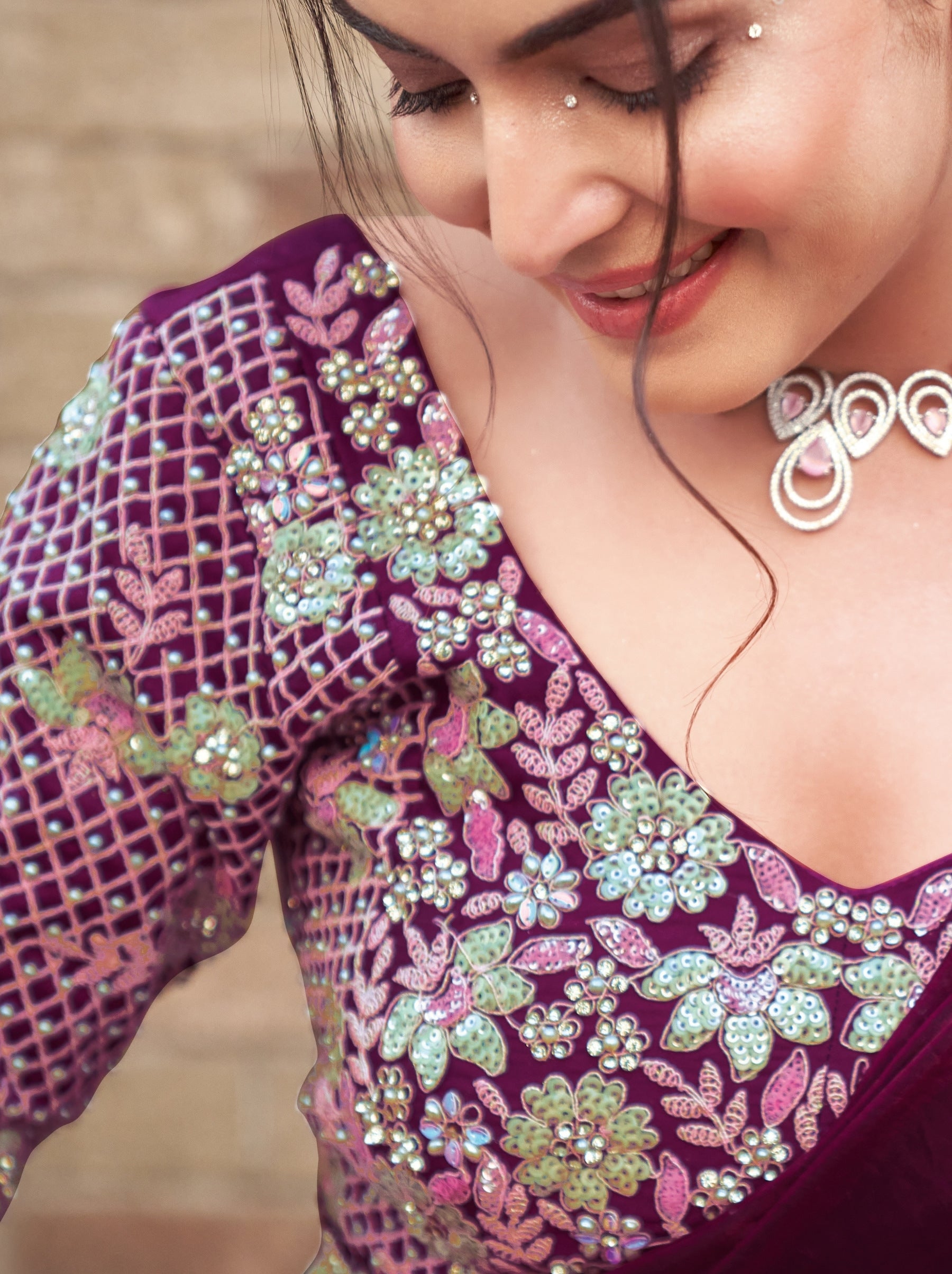 Eggplant Purple Designer Ready To Wear Saree With Stitched Blouse - TrendOye