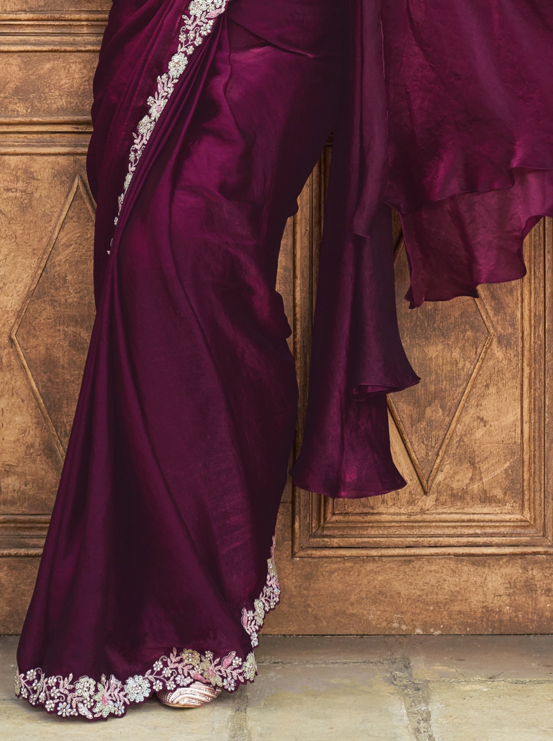 Eggplant Purple Designer Ready To Wear Saree With Stitched Blouse - TrendOye