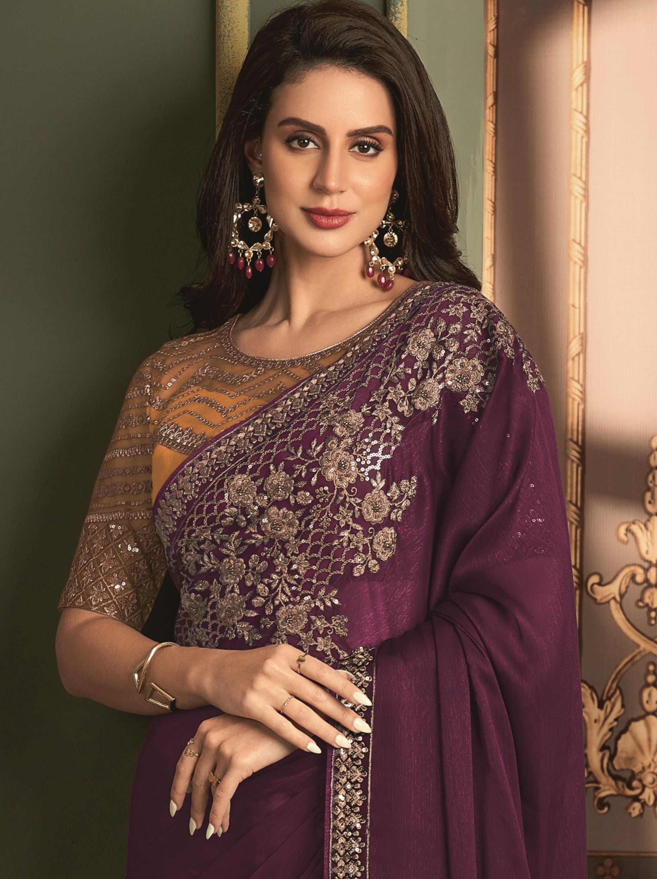 Byzantine Violet-Purple  premium Georgette Saree - TrendOye
