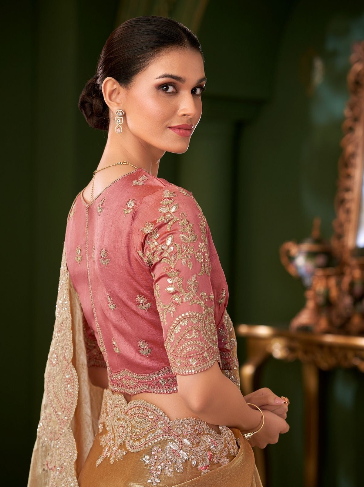 Bronze Designer Satin Chiffon Silk Bridal Saree with Tassels