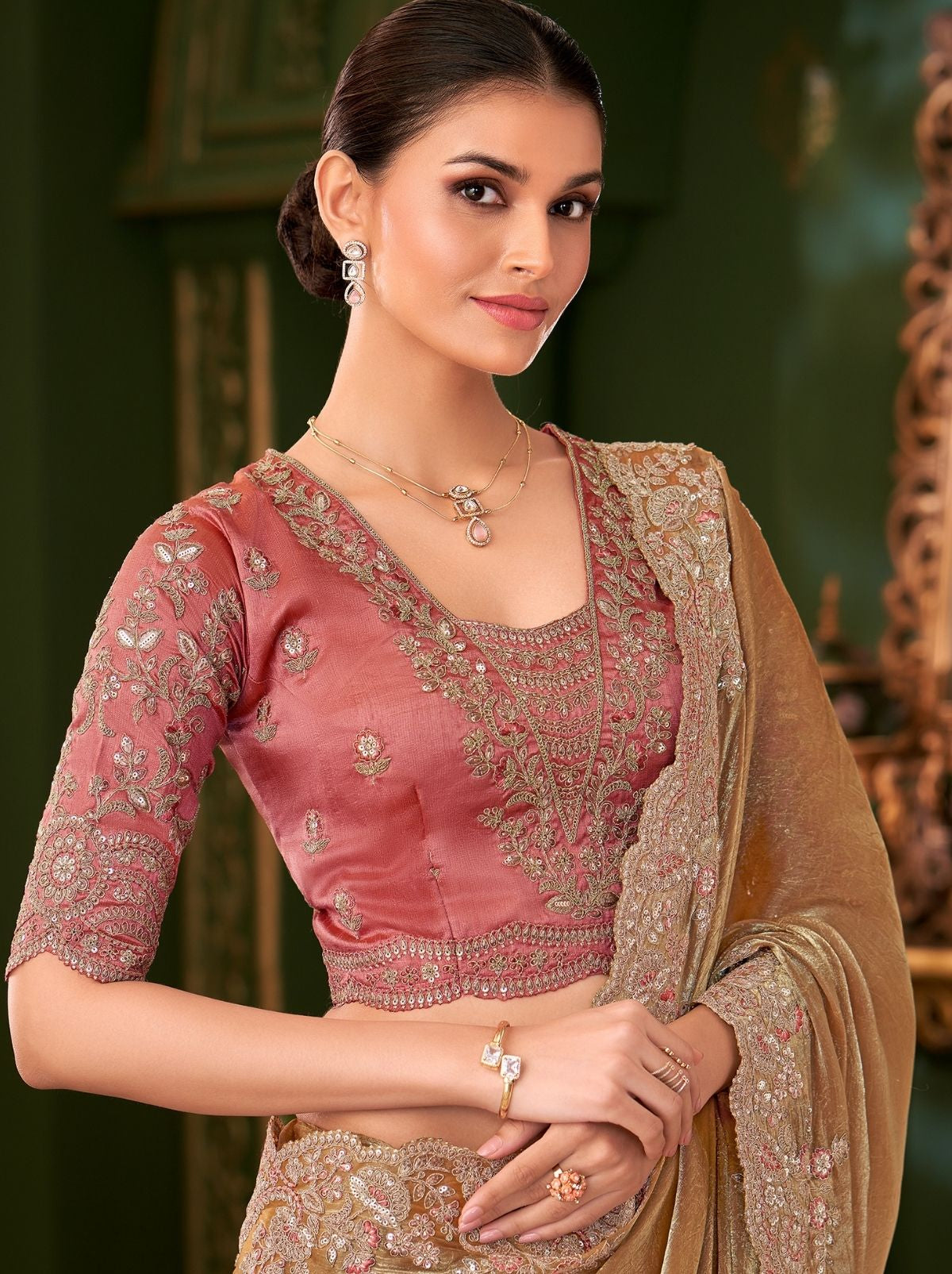 Bronze Designer Satin Chiffon Silk Bridal Saree with Tassels