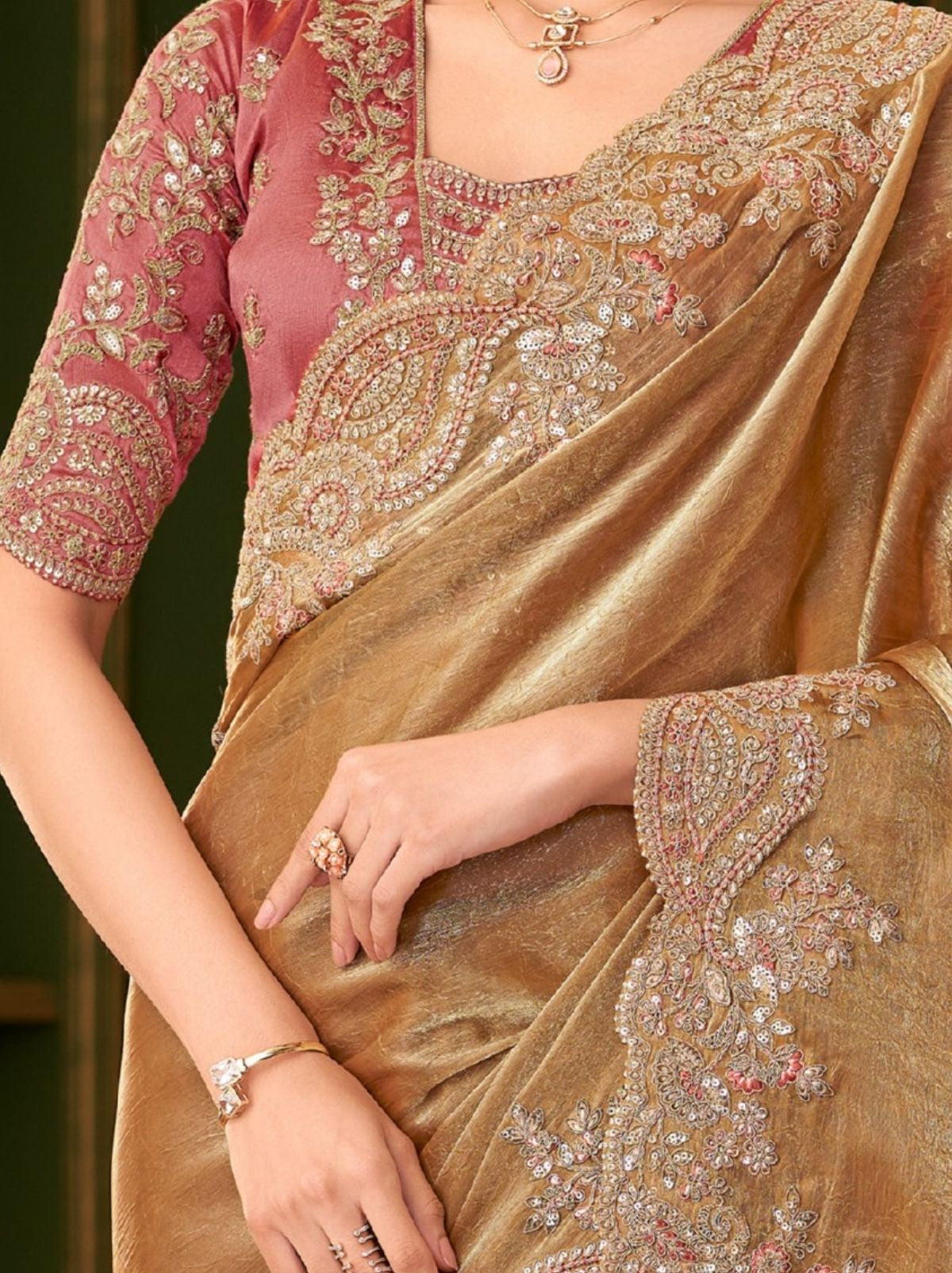 Bronze Designer Satin Chiffon Silk Bridal Saree with Tassels