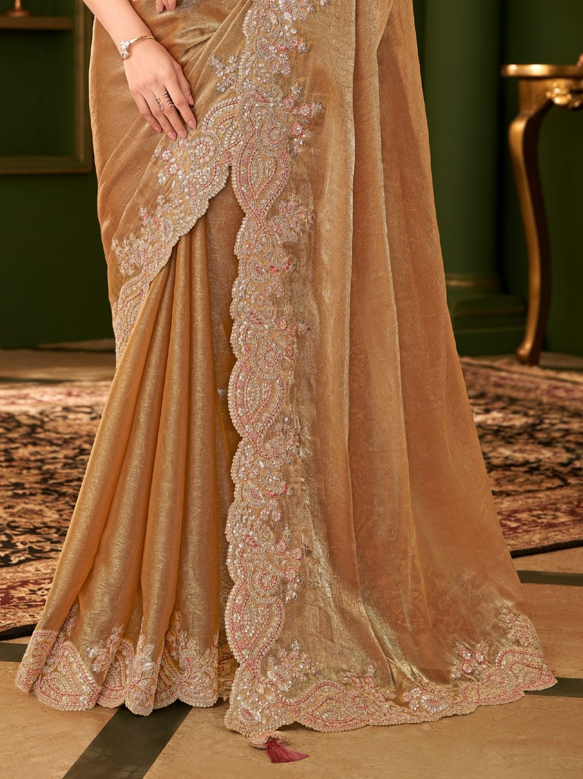 Bronze Designer Satin Chiffon Silk Bridal Saree with Tassels