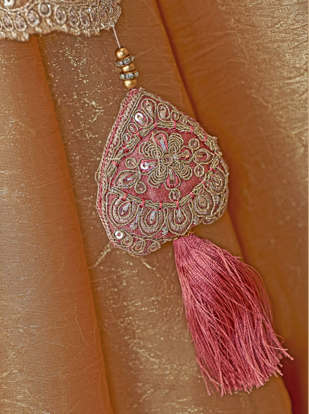 Bronze Designer Satin Chiffon Silk Bridal Saree with Tassels