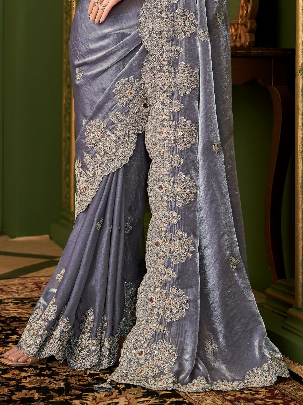 Royal Violet Designer Satin Georgette Silk Bridal Saree with Tassels