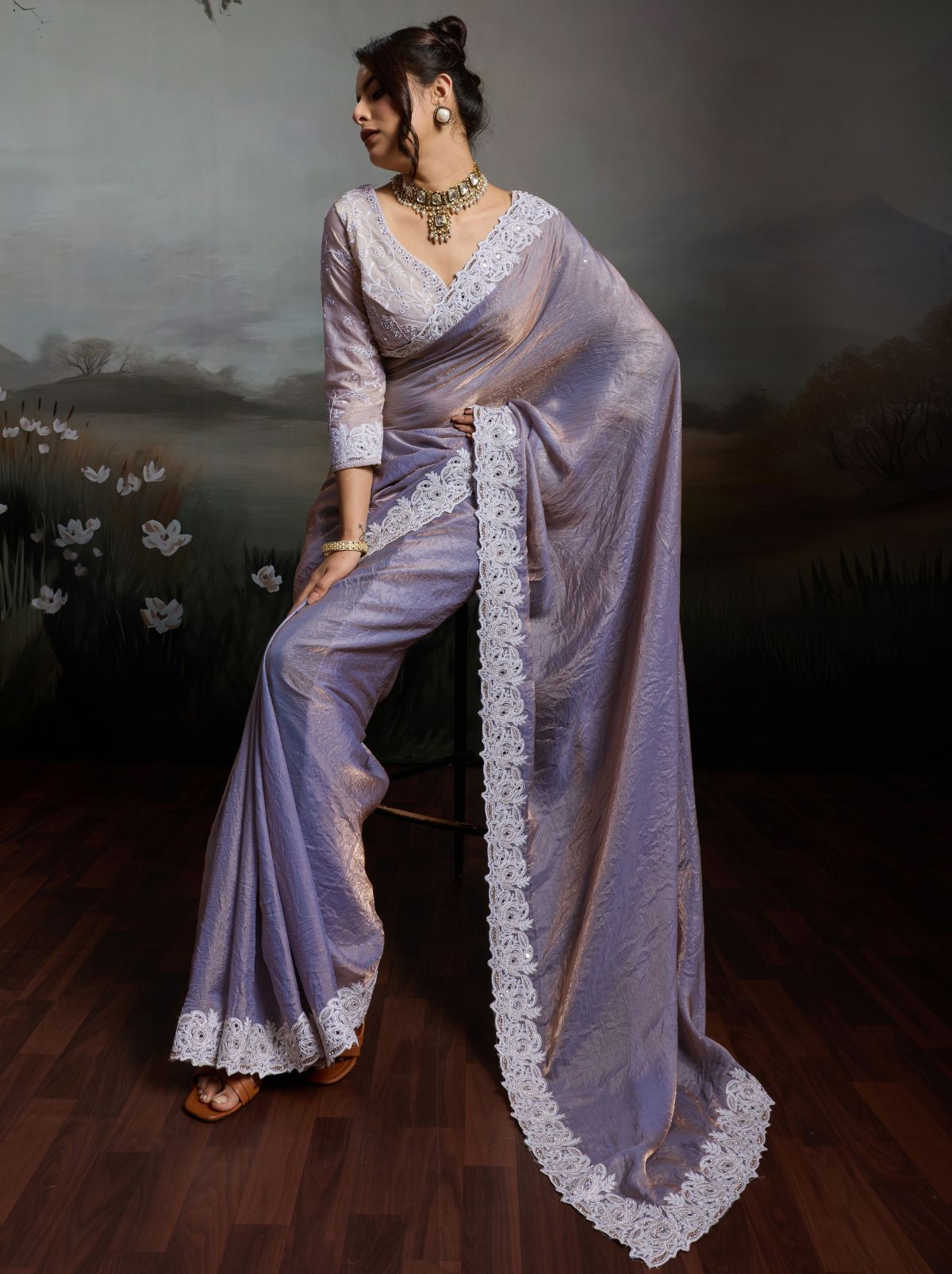 Lavender Purple Designer Satin Velvet Silk Saree With Mirror Work