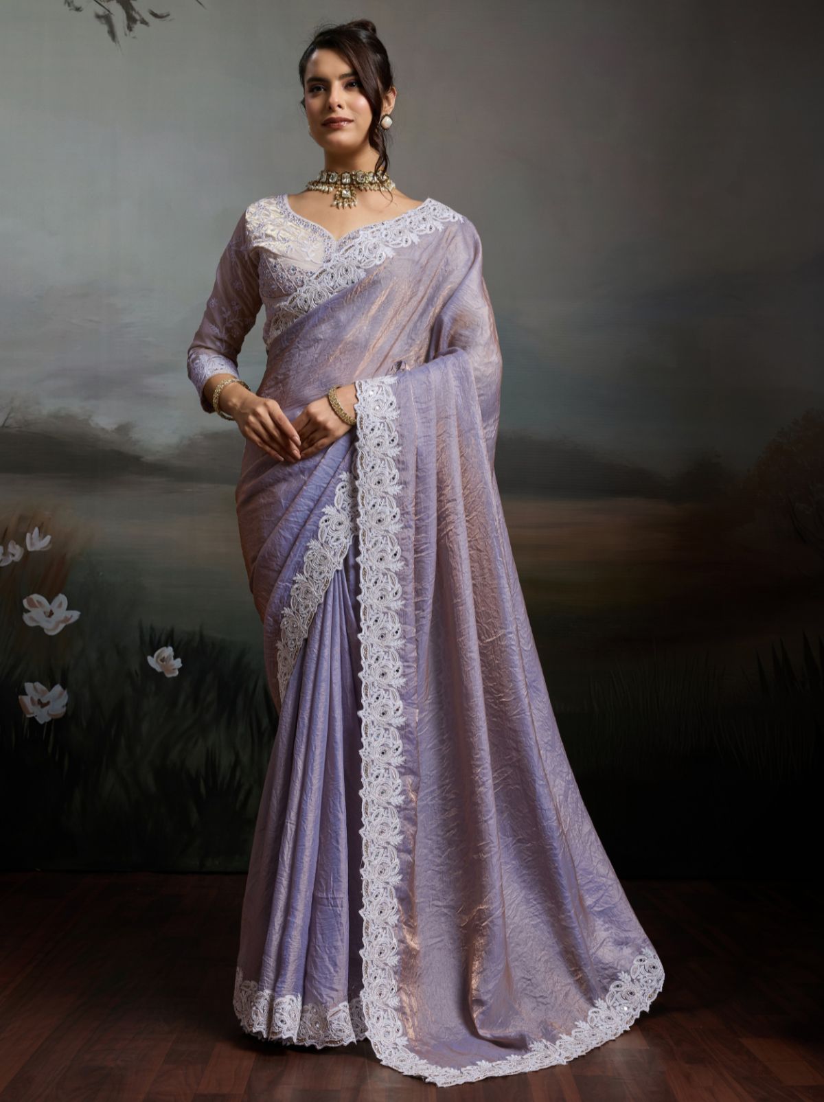 Lavender Purple Designer Satin Velvet Silk Saree With Mirror Work