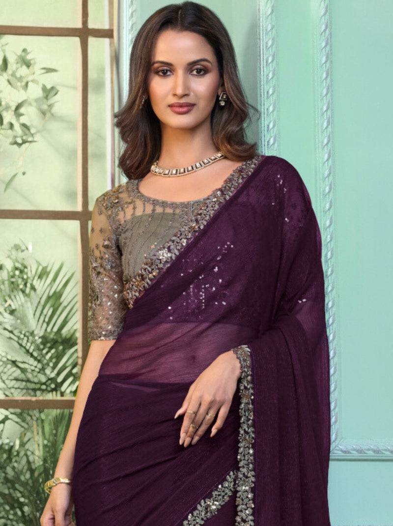 Raisen Purple Premium Fancy Fabric Designer Wedding Party Saree