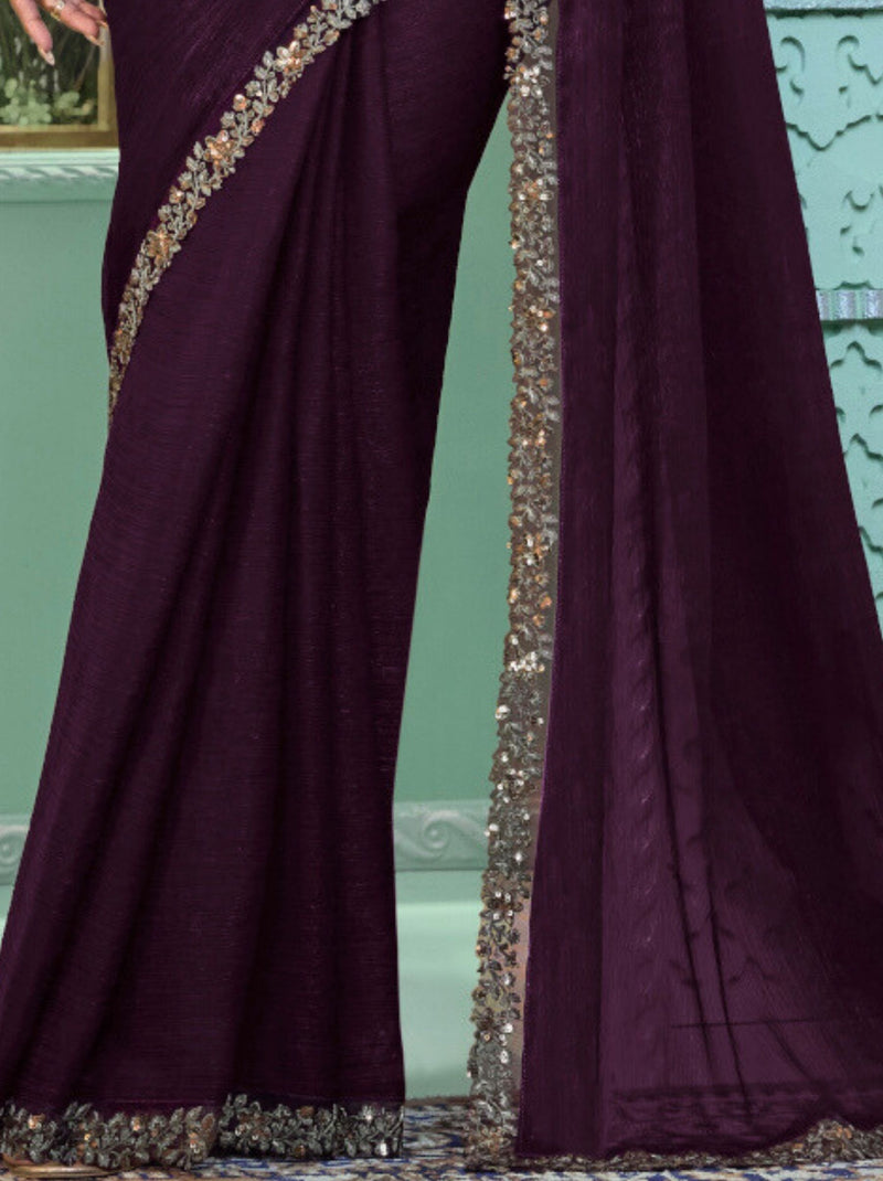 Raisin Purple Premium Fancy Fabric Designer Wedding Party Saree