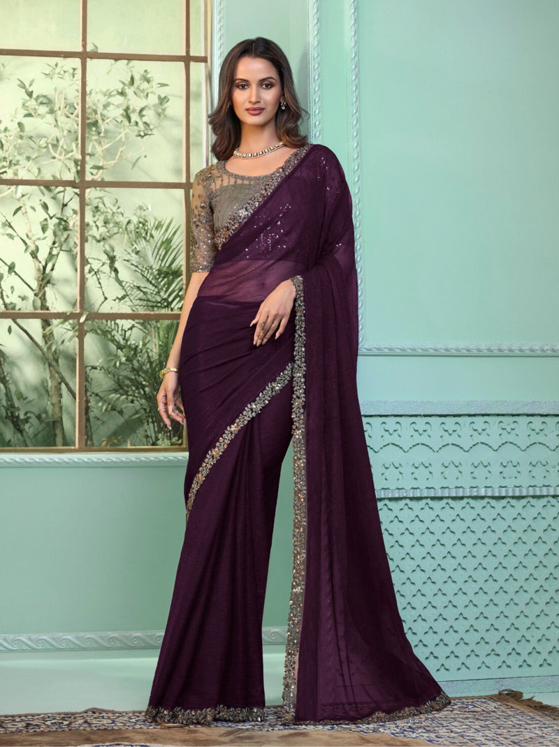 Raisin Purple Premium Fancy Fabric Designer Wedding Party Saree - TrendOye