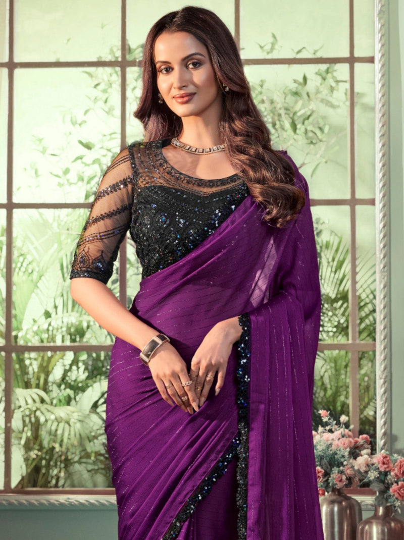 Byzantine Violet-Purple Premium Fancy Fabric Designer Wedding Party Saree