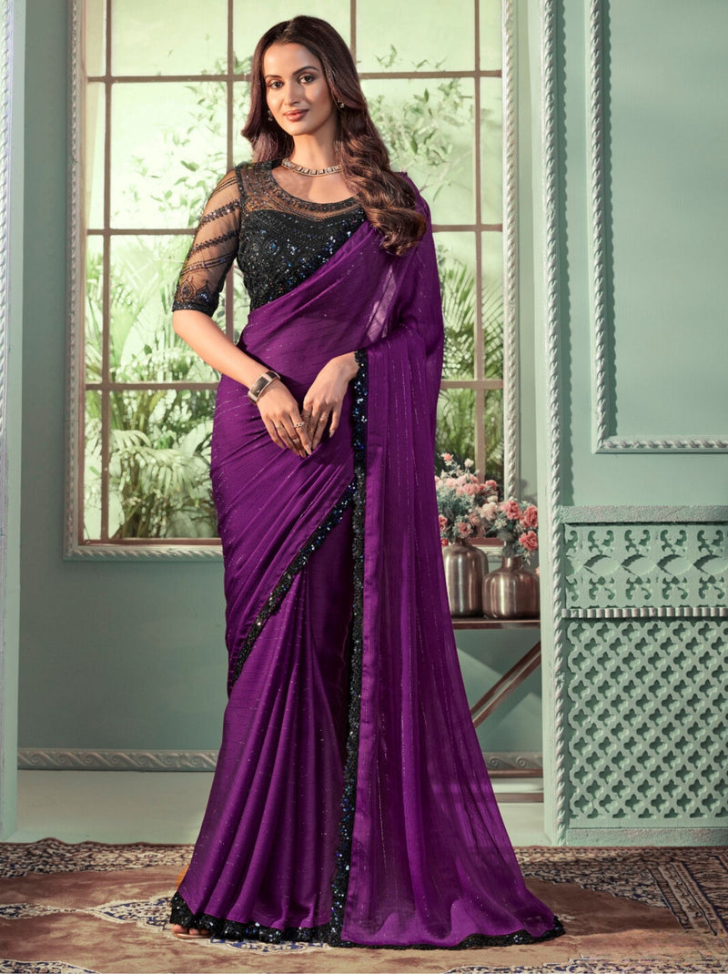 Byzantine Violet-Purple Premium Fancy Fabric Designer Wedding Party Saree - TrendOye