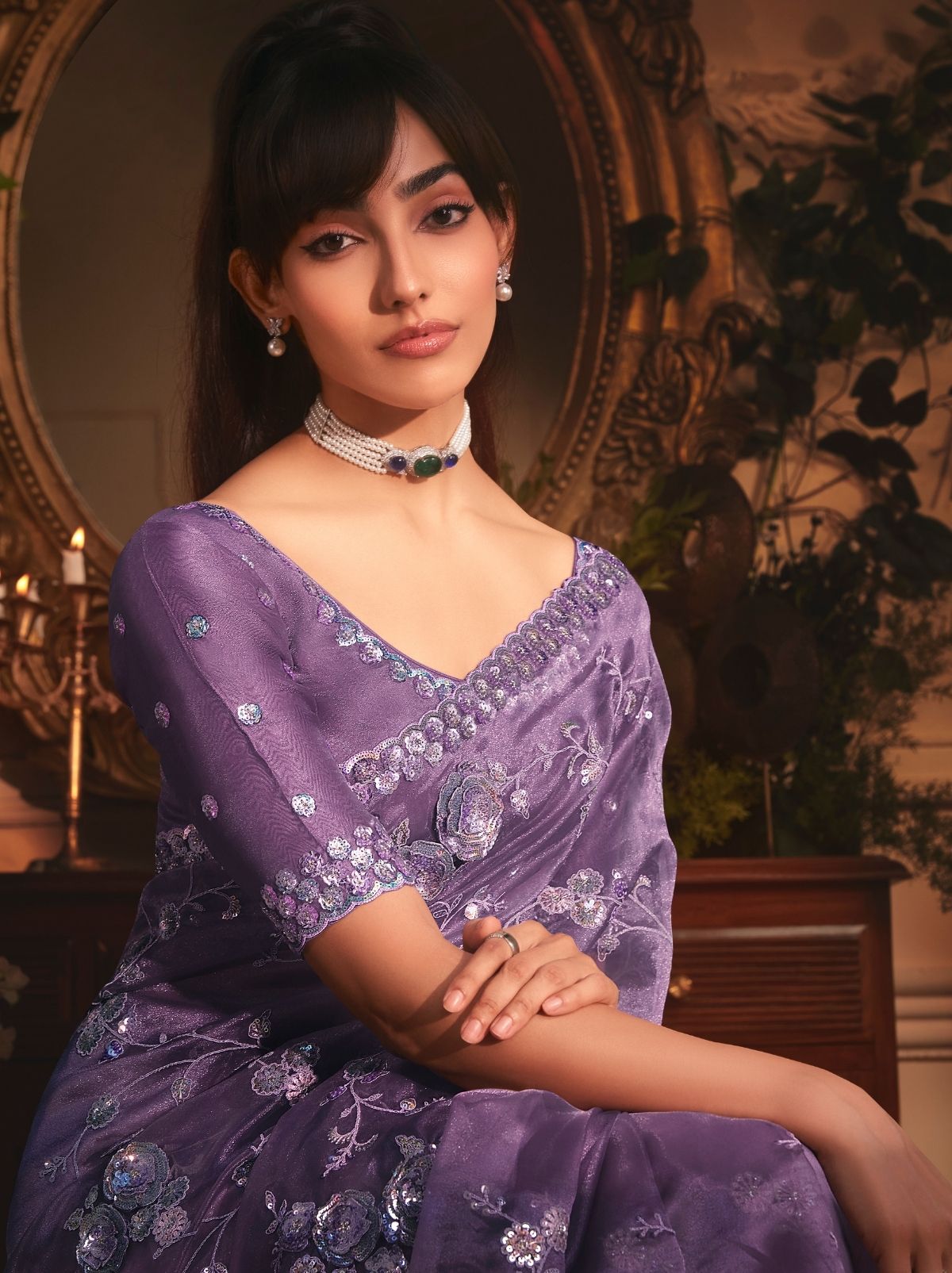 Mauve Purple Designer Tissue Organza Saree with Stone Work