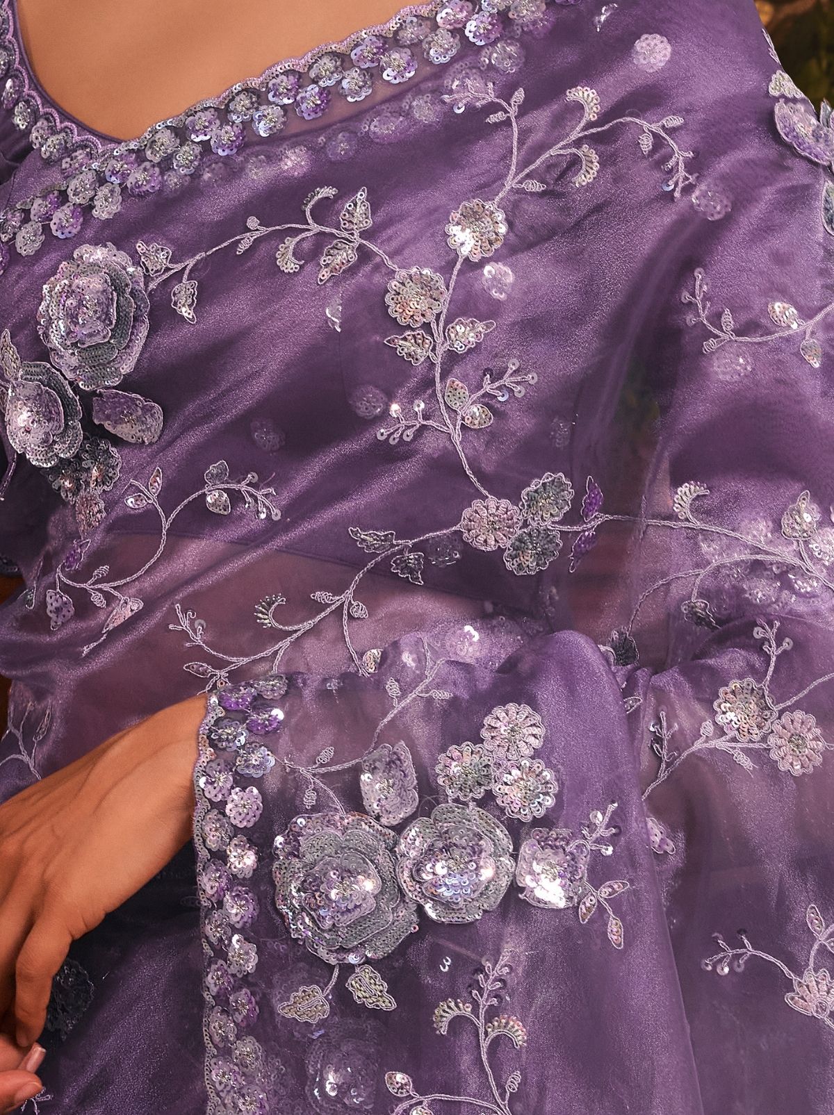 Mauve Purple Designer Tissue Organza Saree with Stone Work