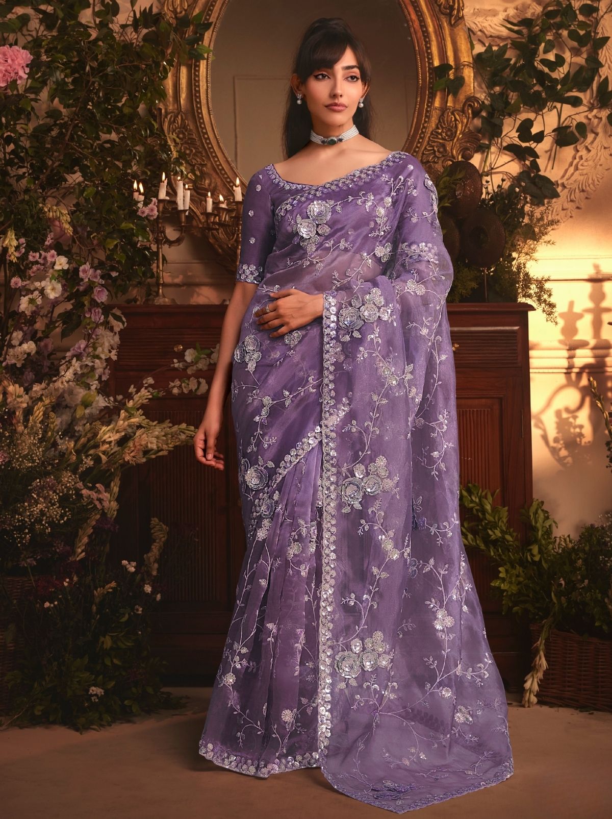 Mauve Purple Designer Tissue Organza Saree with Stone Work