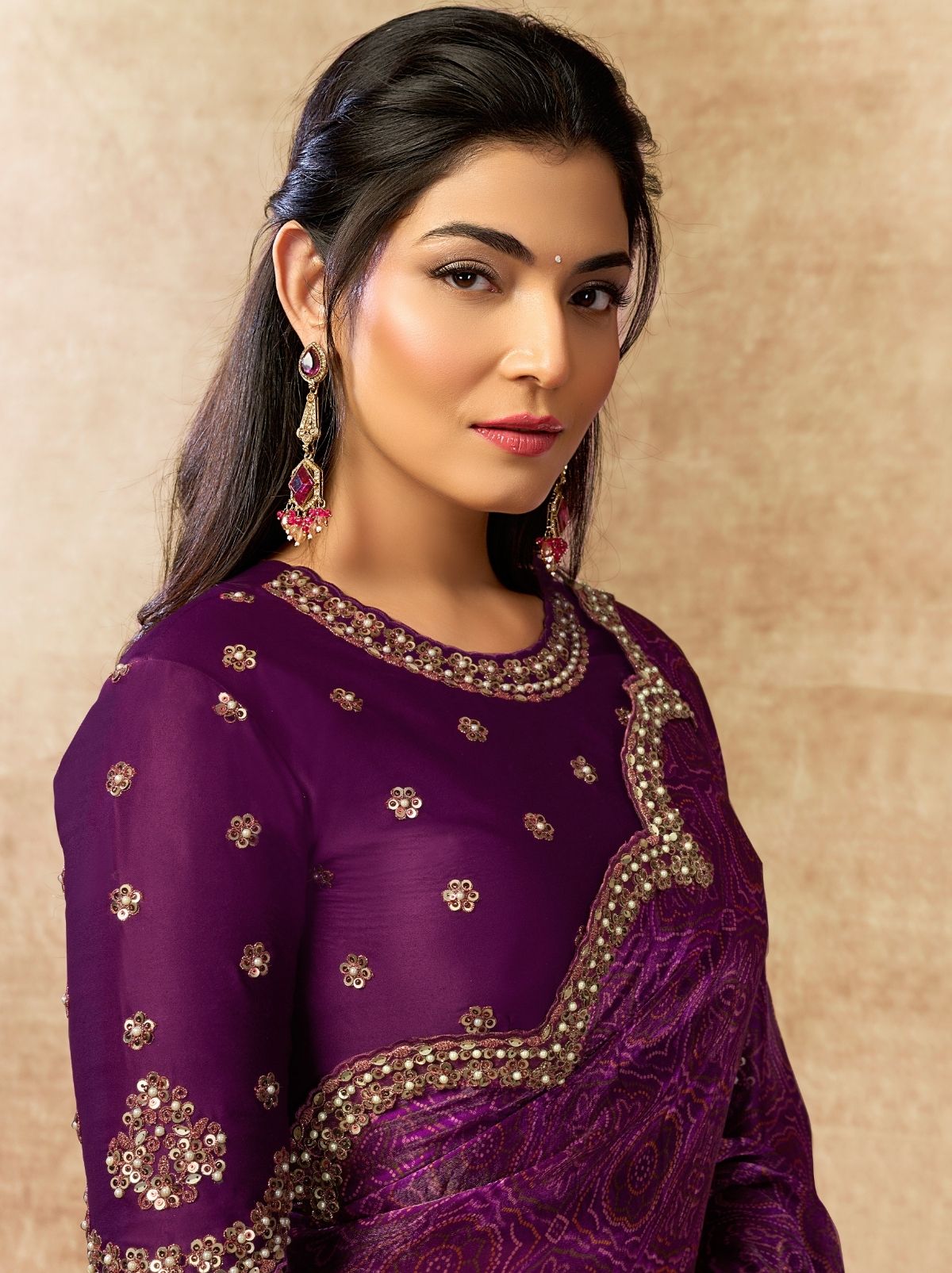 Byzantine Violet Designer Two Tone Satin Silk Saree With Blouse Piece - TrendOye