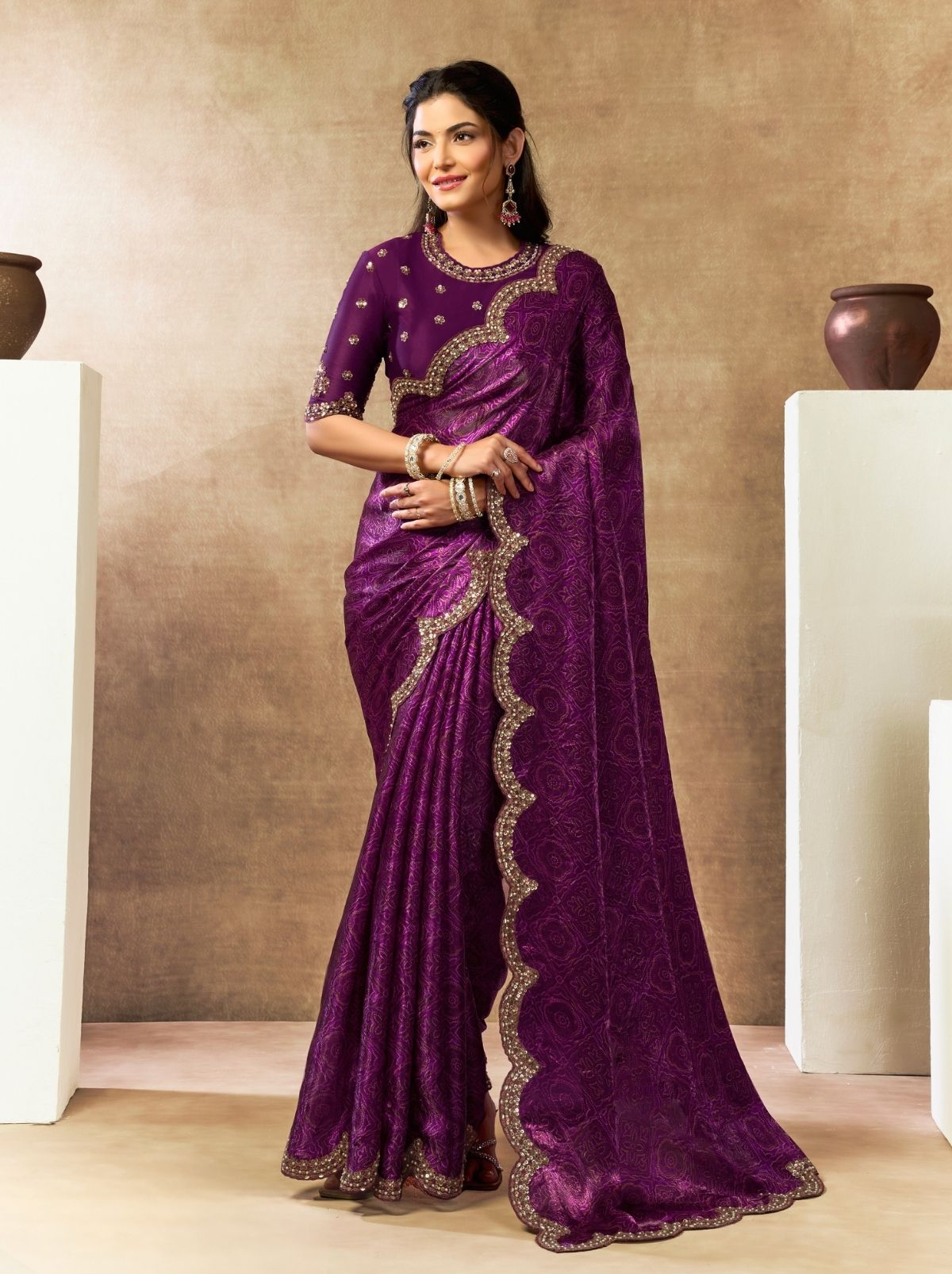 Byzantine Violet Designer Two Tone Satin Silk Saree With Blouse Piece - TrendOye