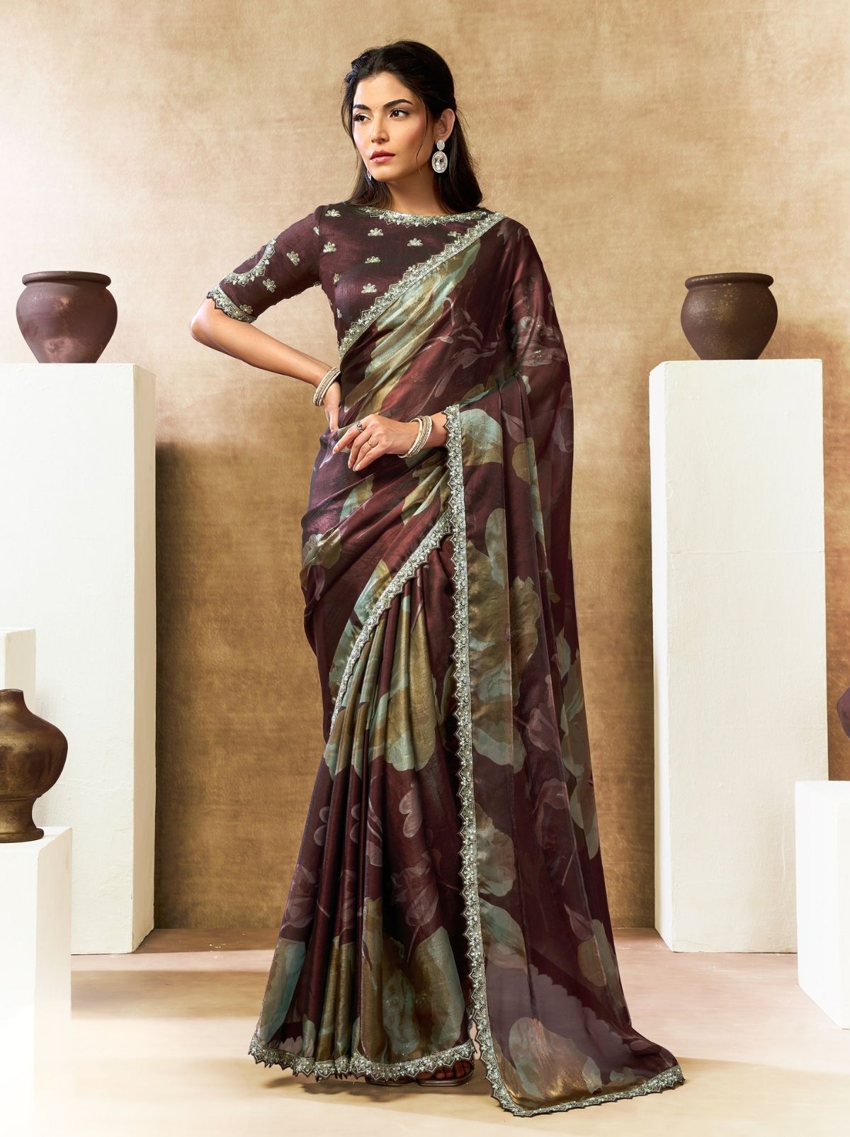 Grape Purple Designer Two Tone Satin Silk Saree With Blouse Piece - TrendOye