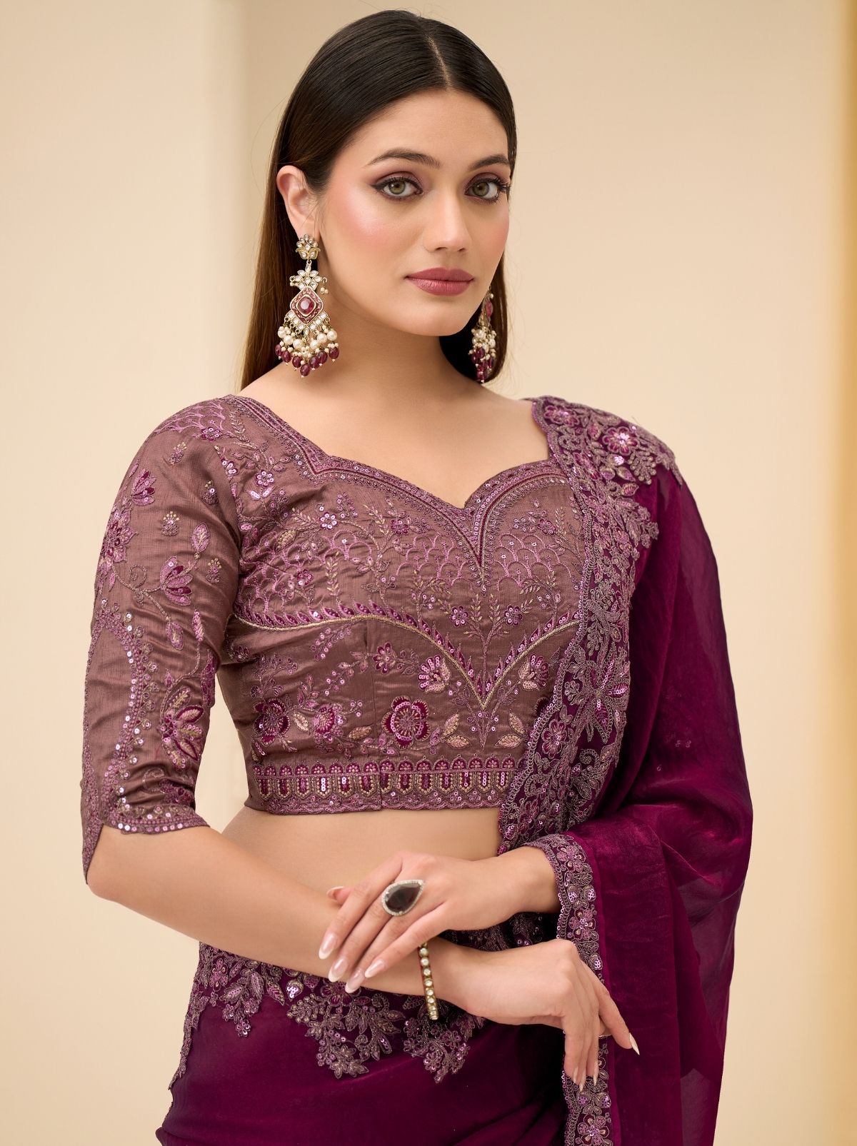 Wine Purple Designer Wedding saree With Blouse Piece - TrendOye