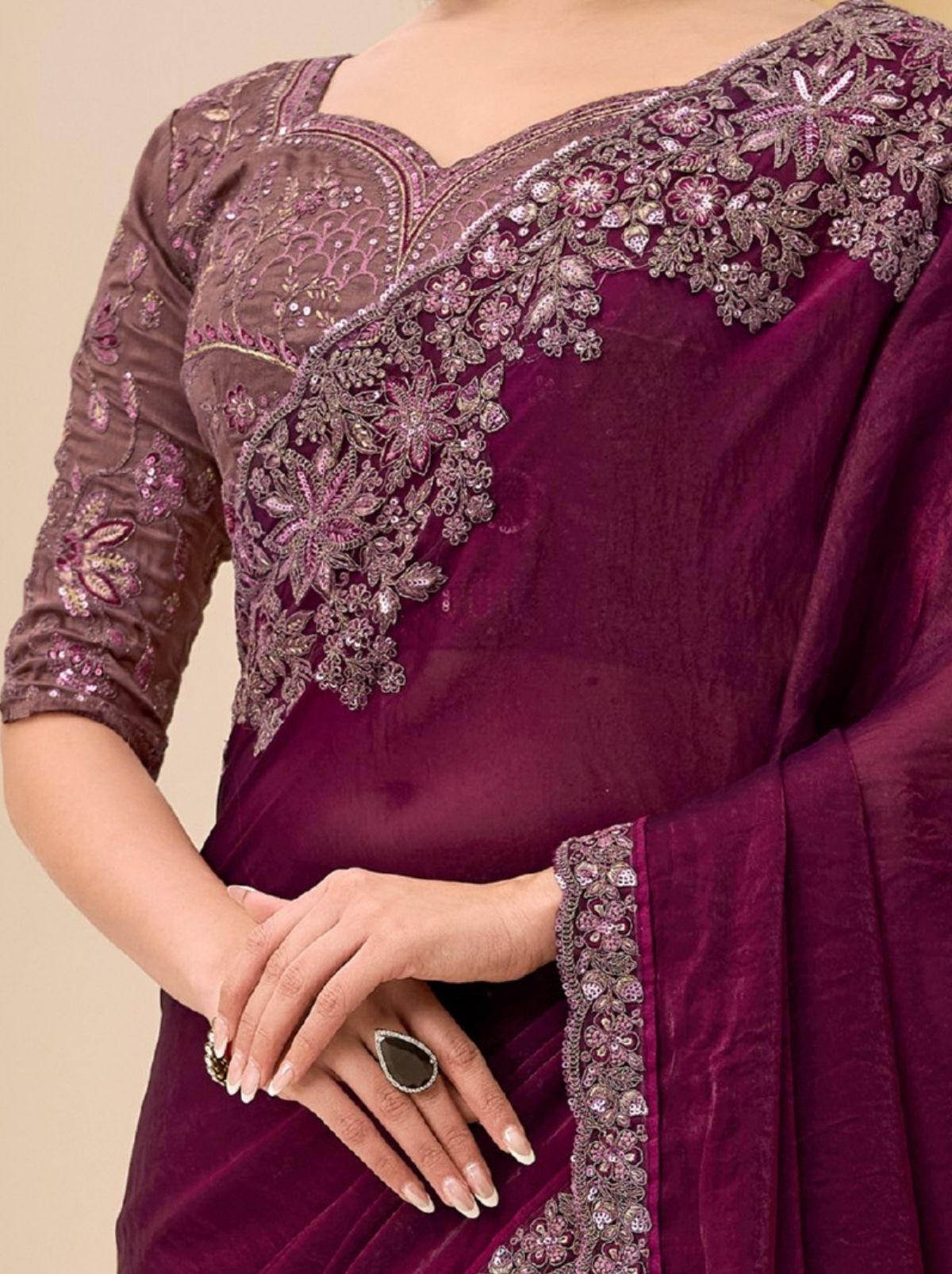 Wine Purple Designer Wedding saree With Blouse Piece - TrendOye