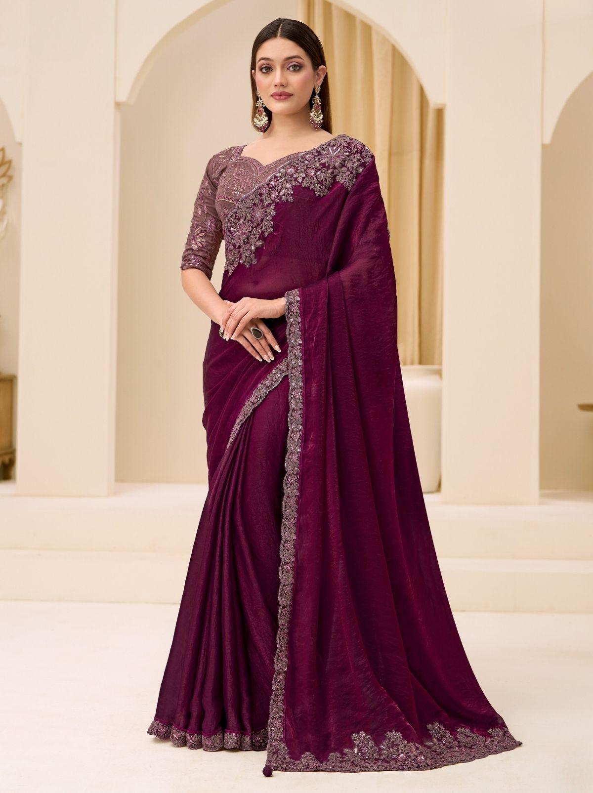 Wine Purple Designer Wedding saree With Blouse Piece - TrendOye