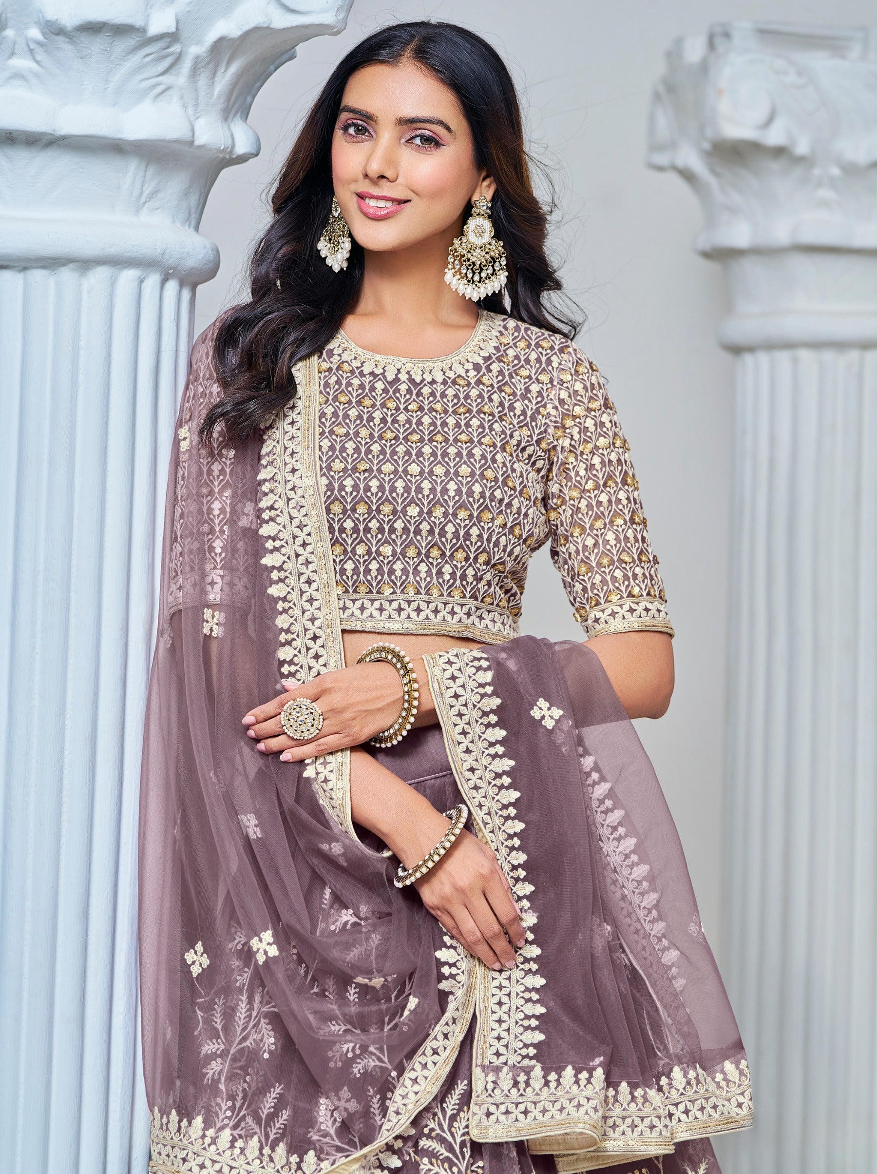 Elegant Mauve Violet Net Lehenga Set With Thread And Sequin Work - TrendOye