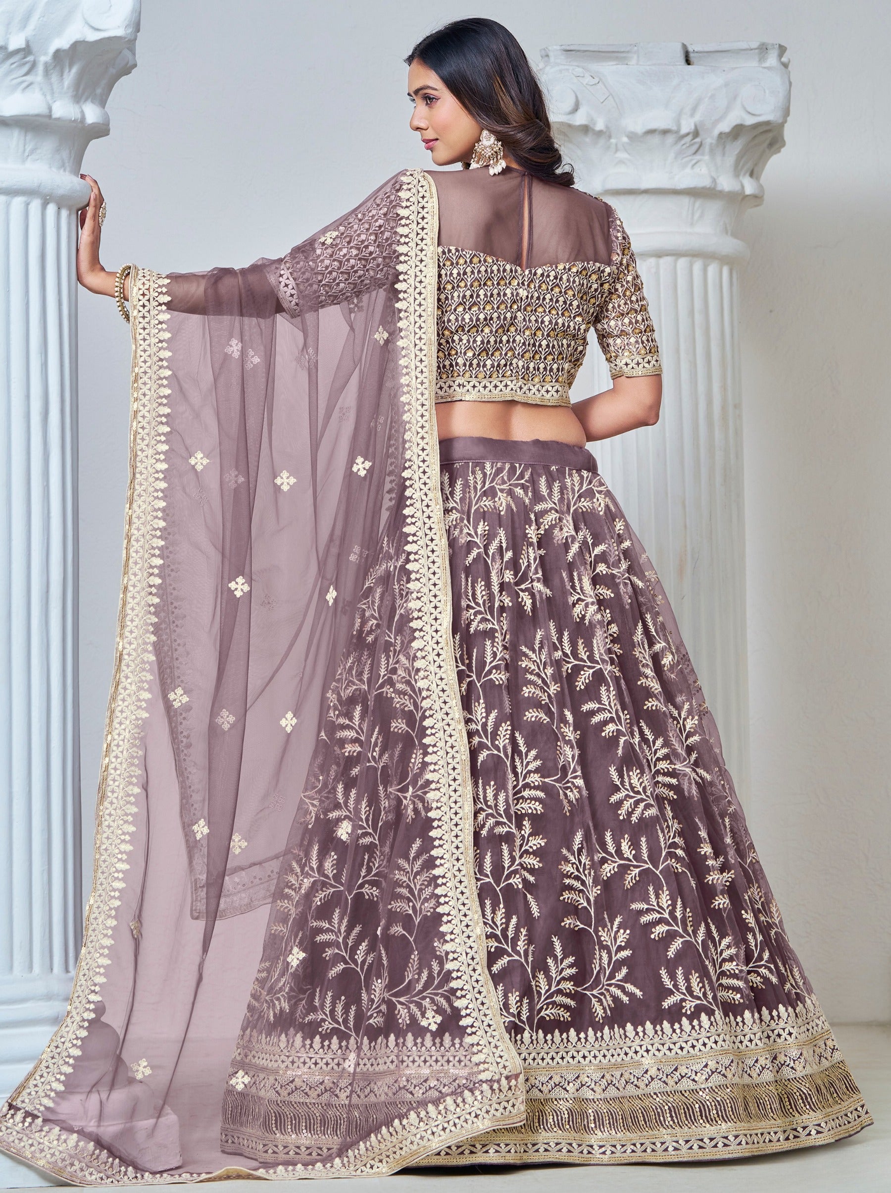 Elegant Mauve Violet Net Lehenga Set With Thread And Sequin Work - TrendOye