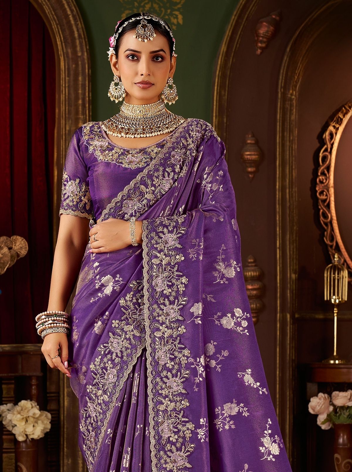 Grape Violet Elegant Wedding Saree With Heavy Border Embroidery