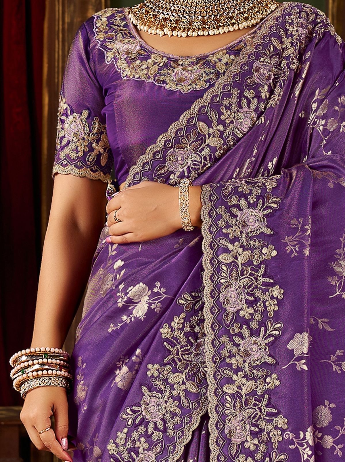 Grape Violet Elegant Wedding Saree With Heavy Border Embroidery
