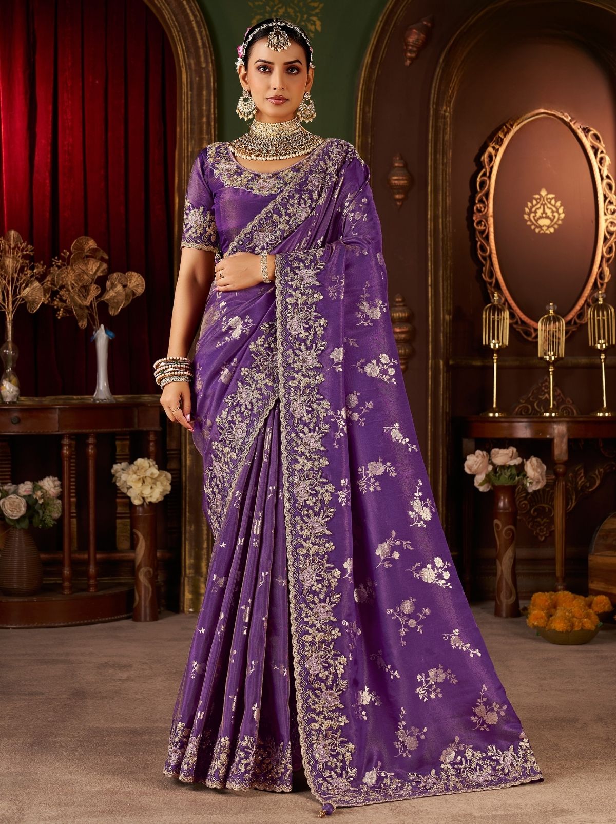 Grape Violet Elegant Wedding Saree With Heavy Border Embroidery