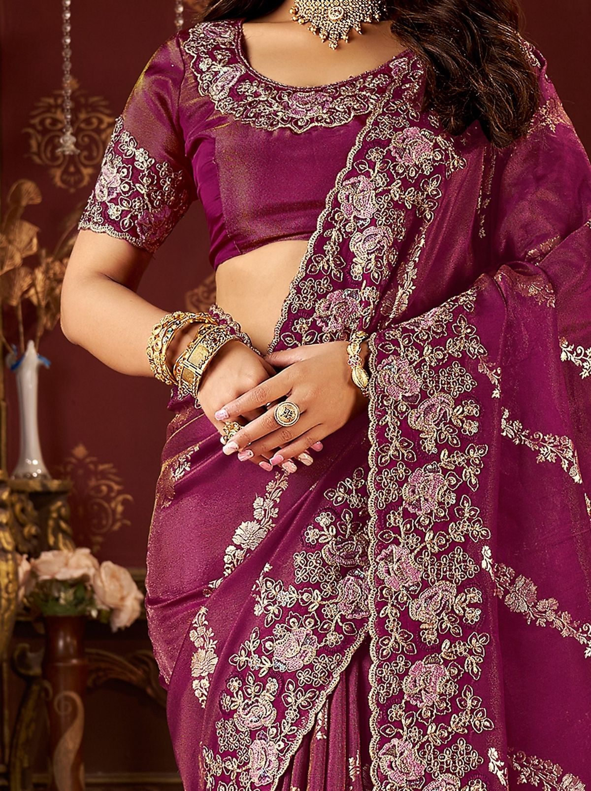 Fandango Violet Elegant Wedding Saree With Heavy Border Embroidery