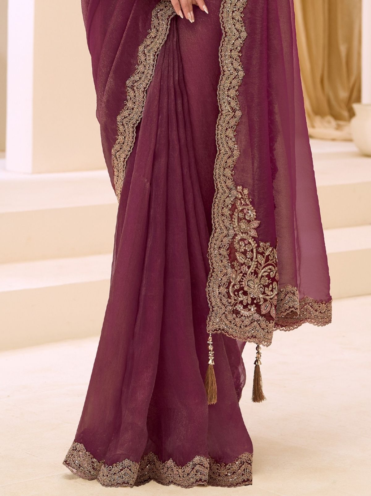 Deep Ruby Purple Ethnic Saree with Thread & Zari Work - TrendOye