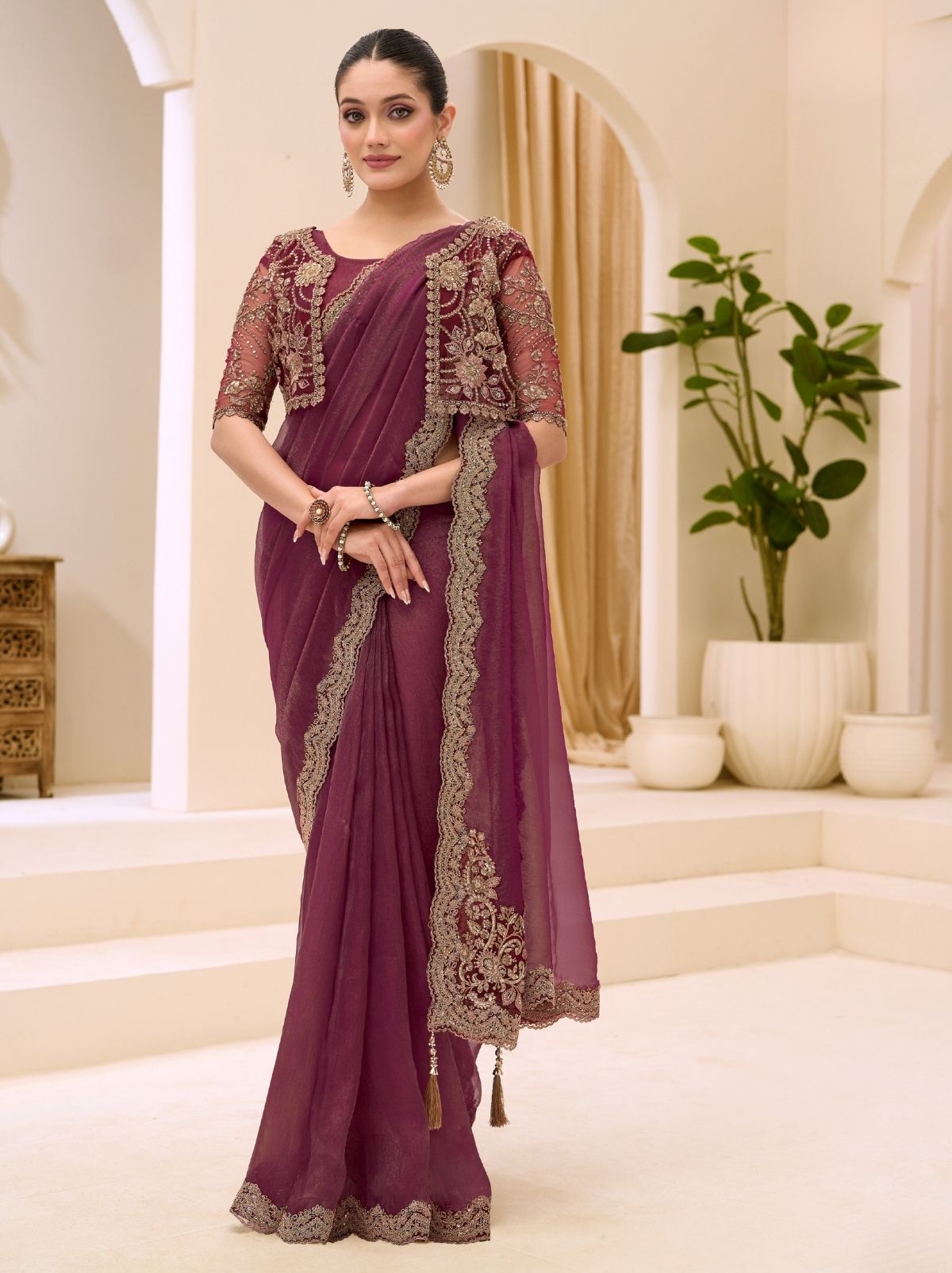 Deep Ruby Purple Ethnic Saree with Thread & Zari Work - TrendOye