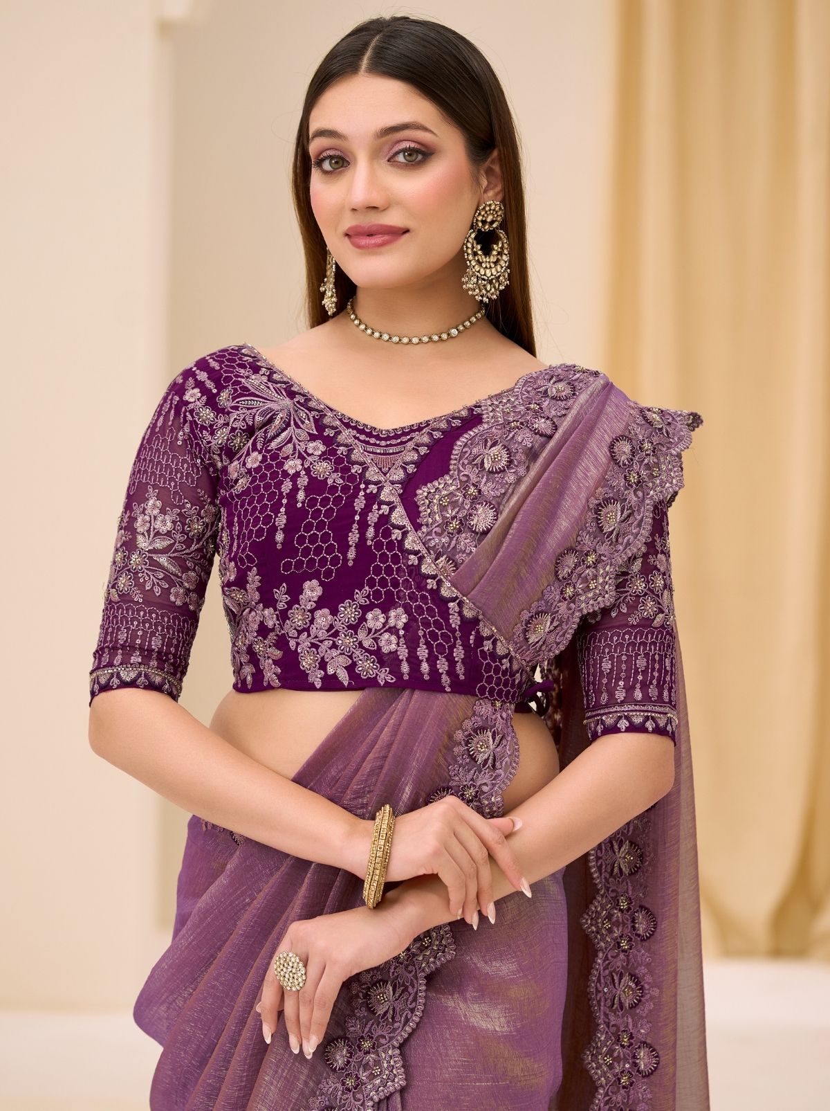 Plum Purple Exclusive Party Wear Saree with Sequin Work - TrendOye