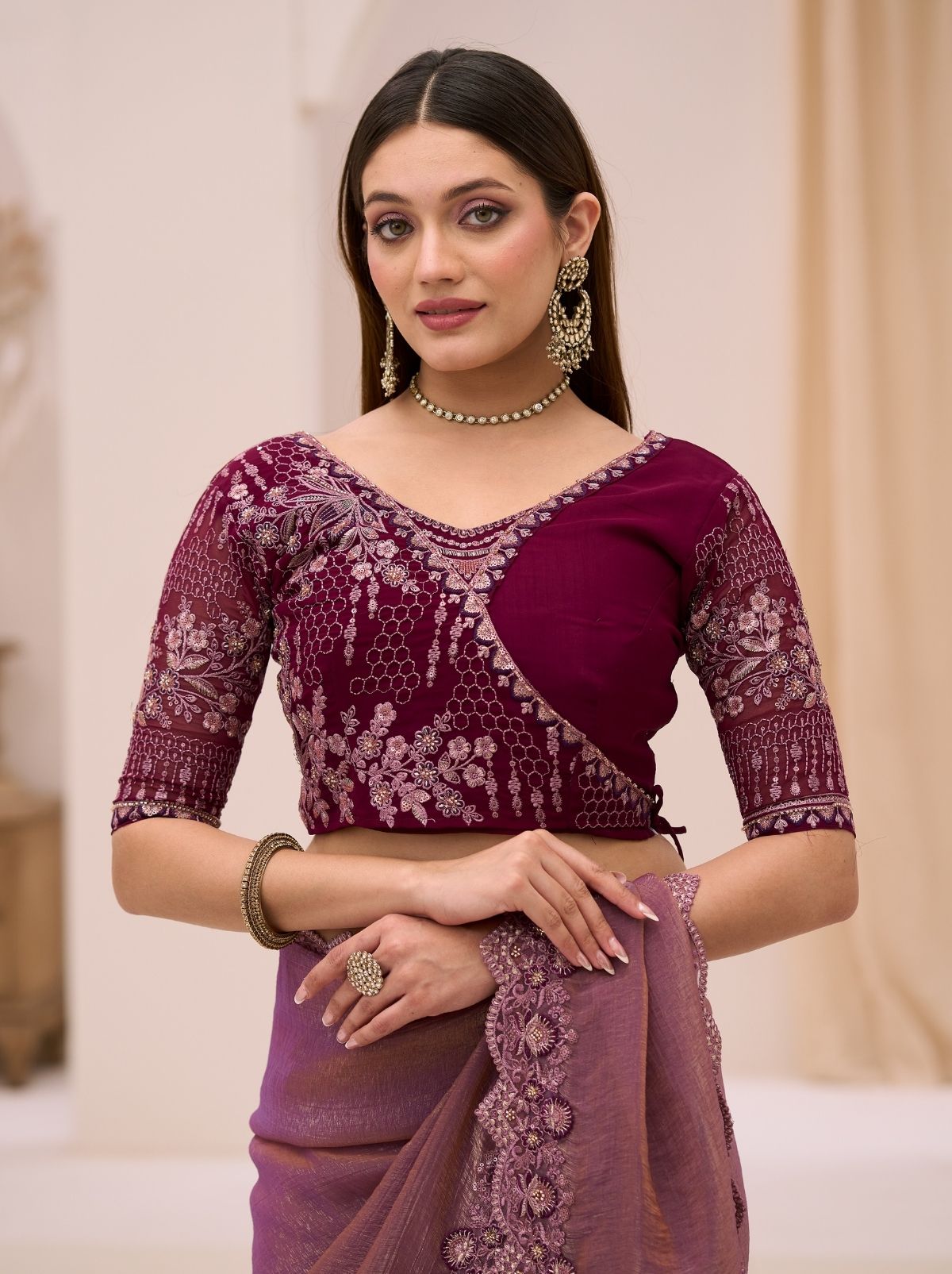 Plum Purple Exclusive Party Wear Saree with Sequin Work - TrendOye