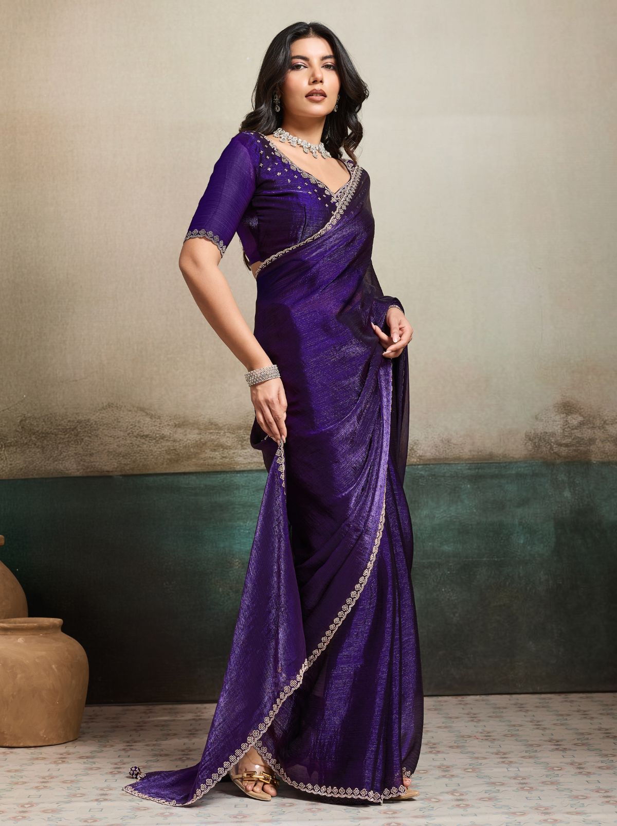Midnight Purple Fancy Chiffon Silk Saree with Zircon Work