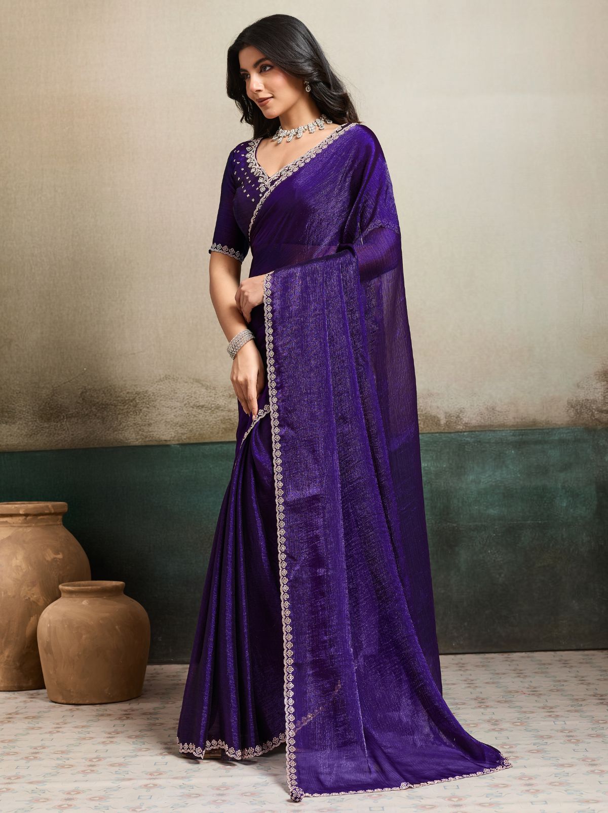 Midnight Purple Fancy Chiffon Silk Saree with Zircon Work